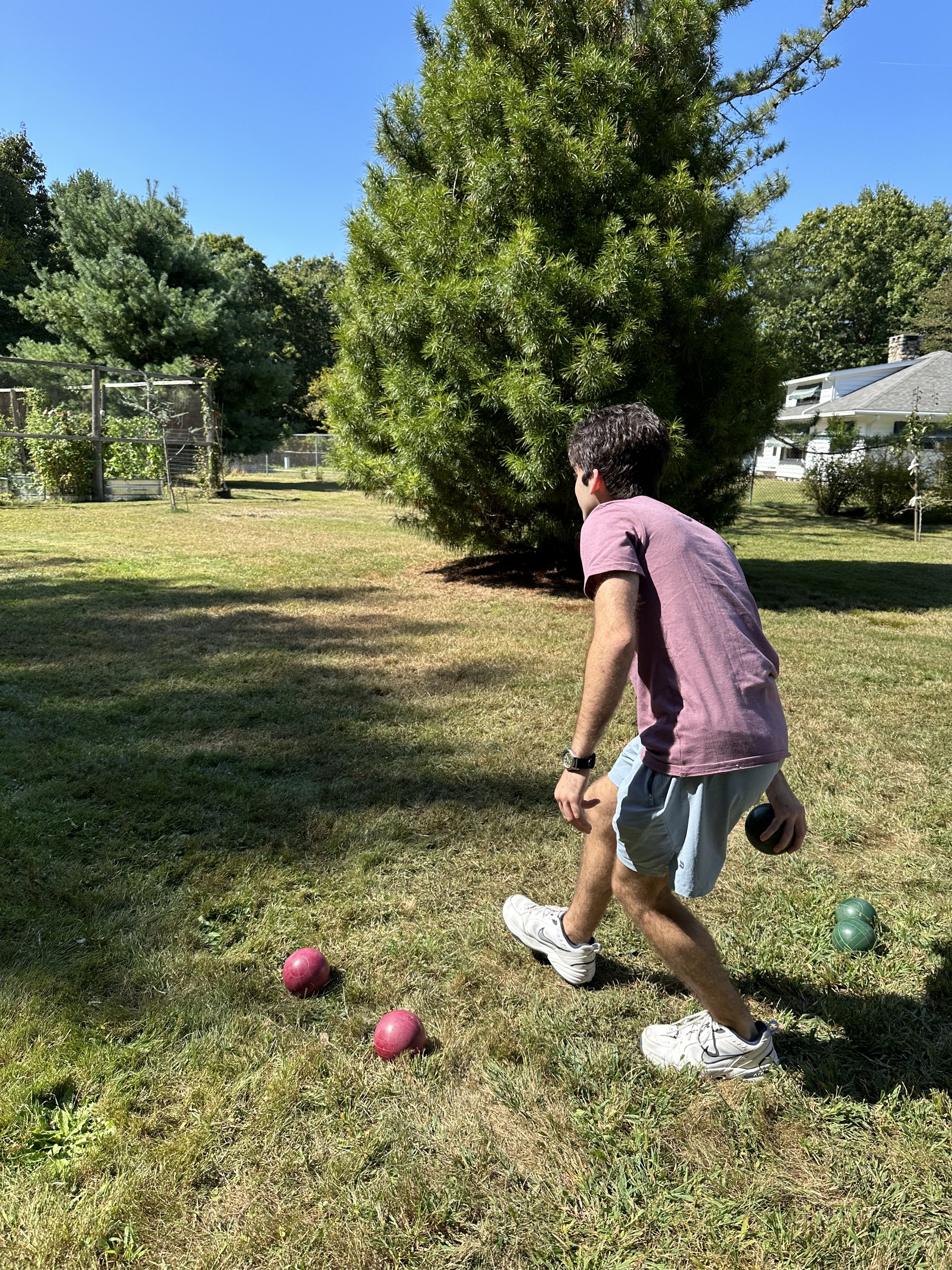 Person playing bocce ball on grass near trees, wearing a pink shirt and shorts, sunny day.