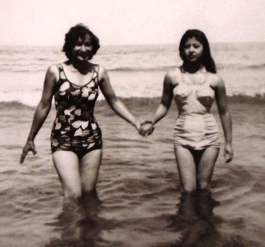 16 May and cousin Clara Nunez, in Gulf of Mexico, 1957.jpg