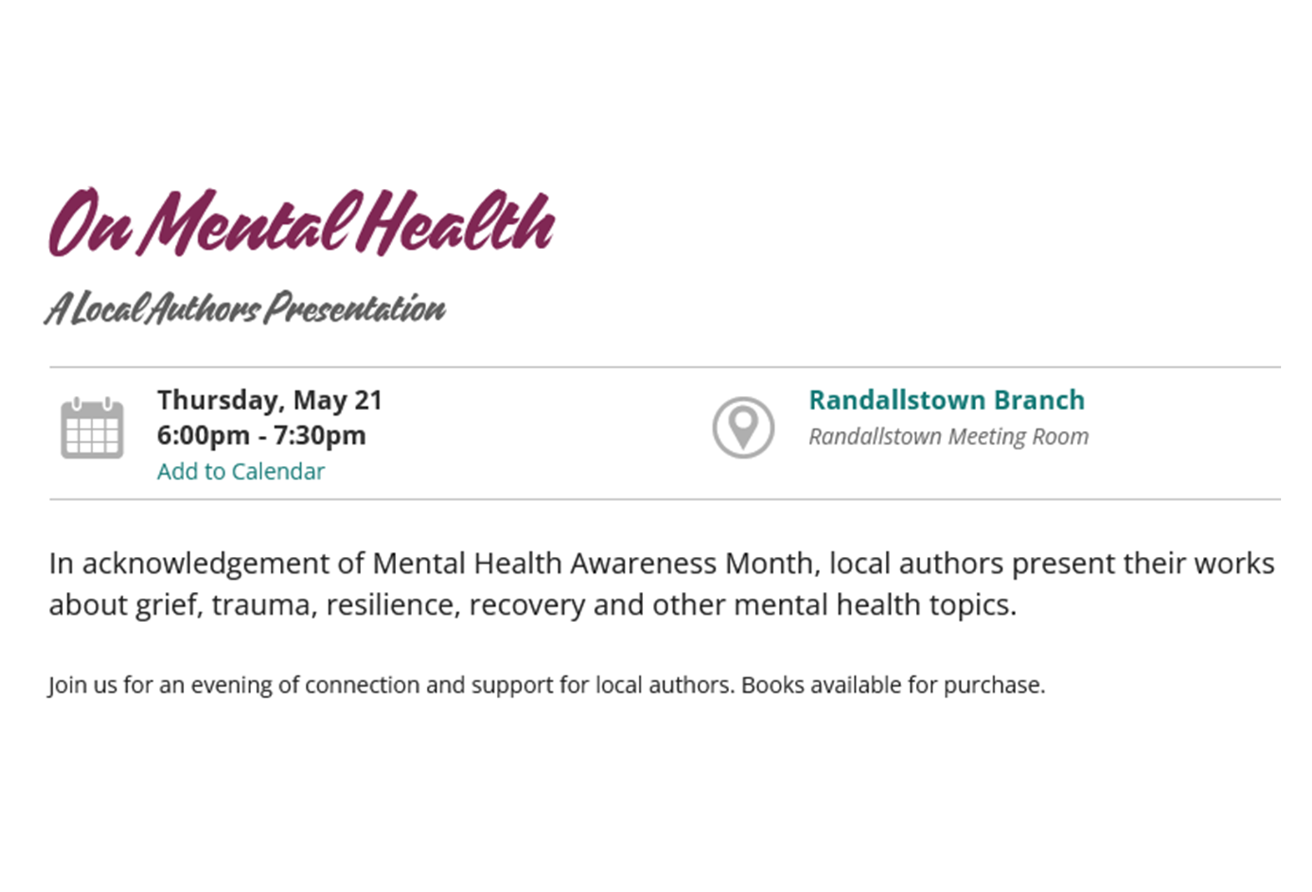 On Mental Health: A Local Authors Presentation