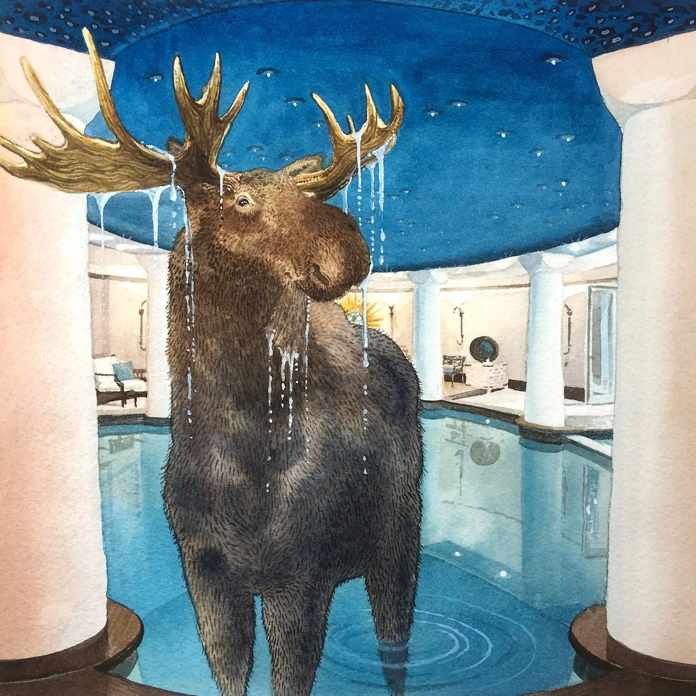 “Creature Comforts: Moose on the Loose
(360 S Starwood Dr Aspen, Colorado 81611, $11,995,000)”, (watercolor, 8x8in) SOLD