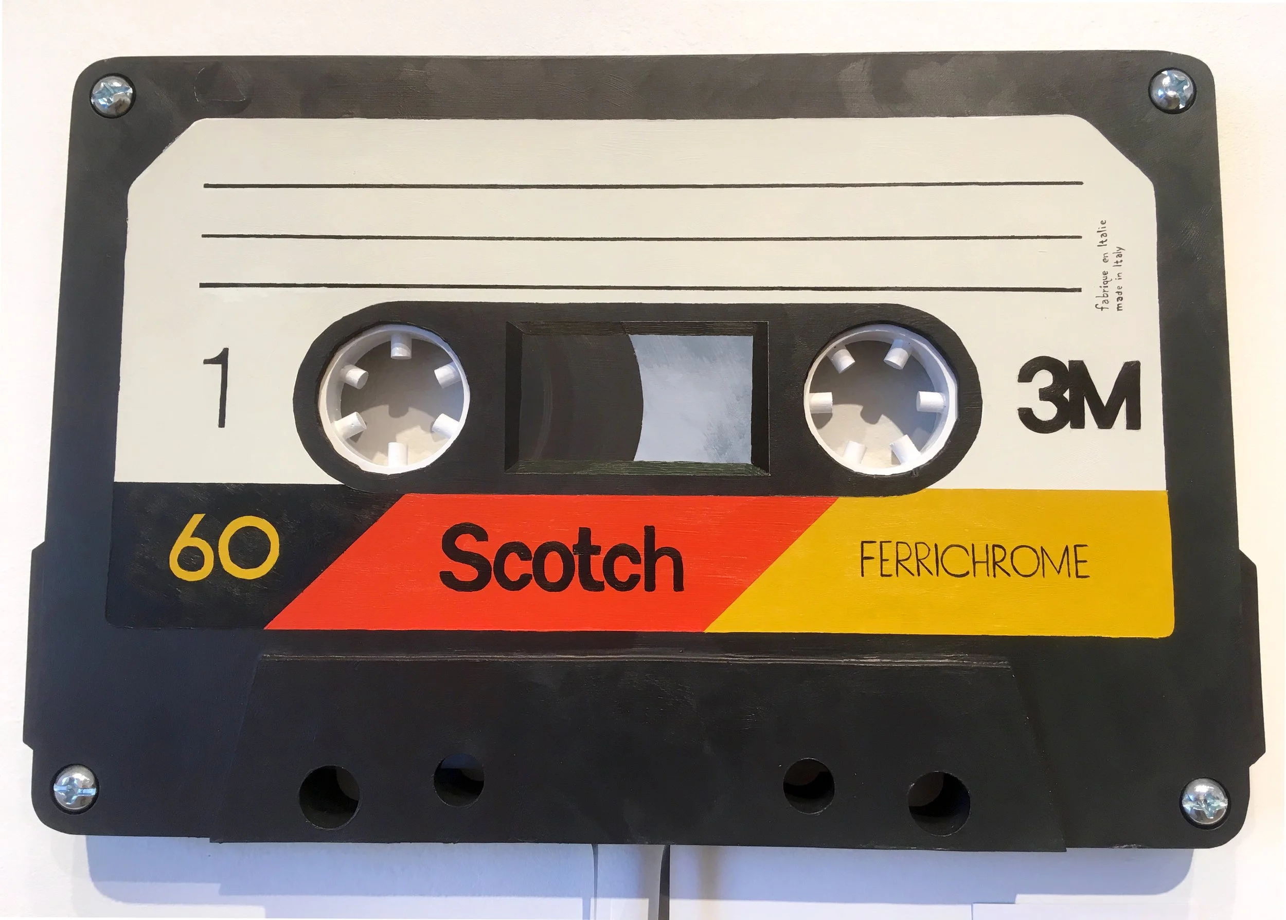 "Cassette Tape (Scotch)", (acrylic paint on wood panel with metal screws and VHS tape, 12x18") SOLD