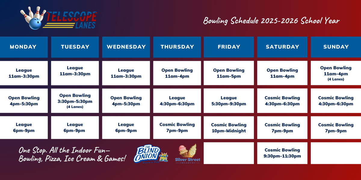 Telescope Lanes bowling schedule for 2025-2026 school year, listing days, times, and types of bowling sessions including league, open bowling, and cosmic bowling, with logos for Telescope Lanes, The Blind Union, and Silver Street Creamery.