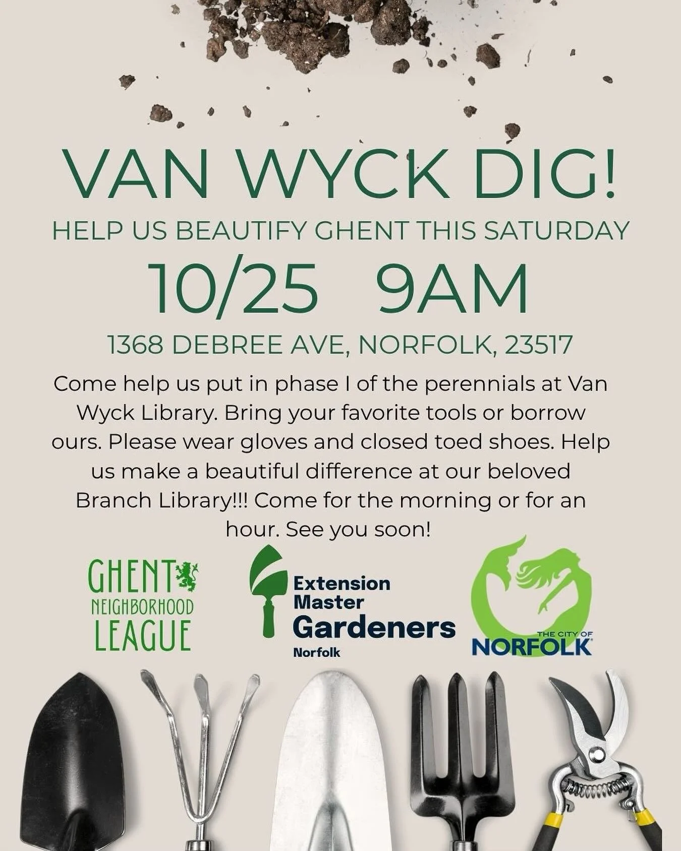 This Saturday come make a difference in Ghent! @norfolkmstrgrdnrs @ghent.neighborhood.league and @cityofnorfolkva have been collaborating on improvements to our beloved branch library and it&rsquo;s time to dig in phase l!!!! 10/25 at 9am at #vanwyck