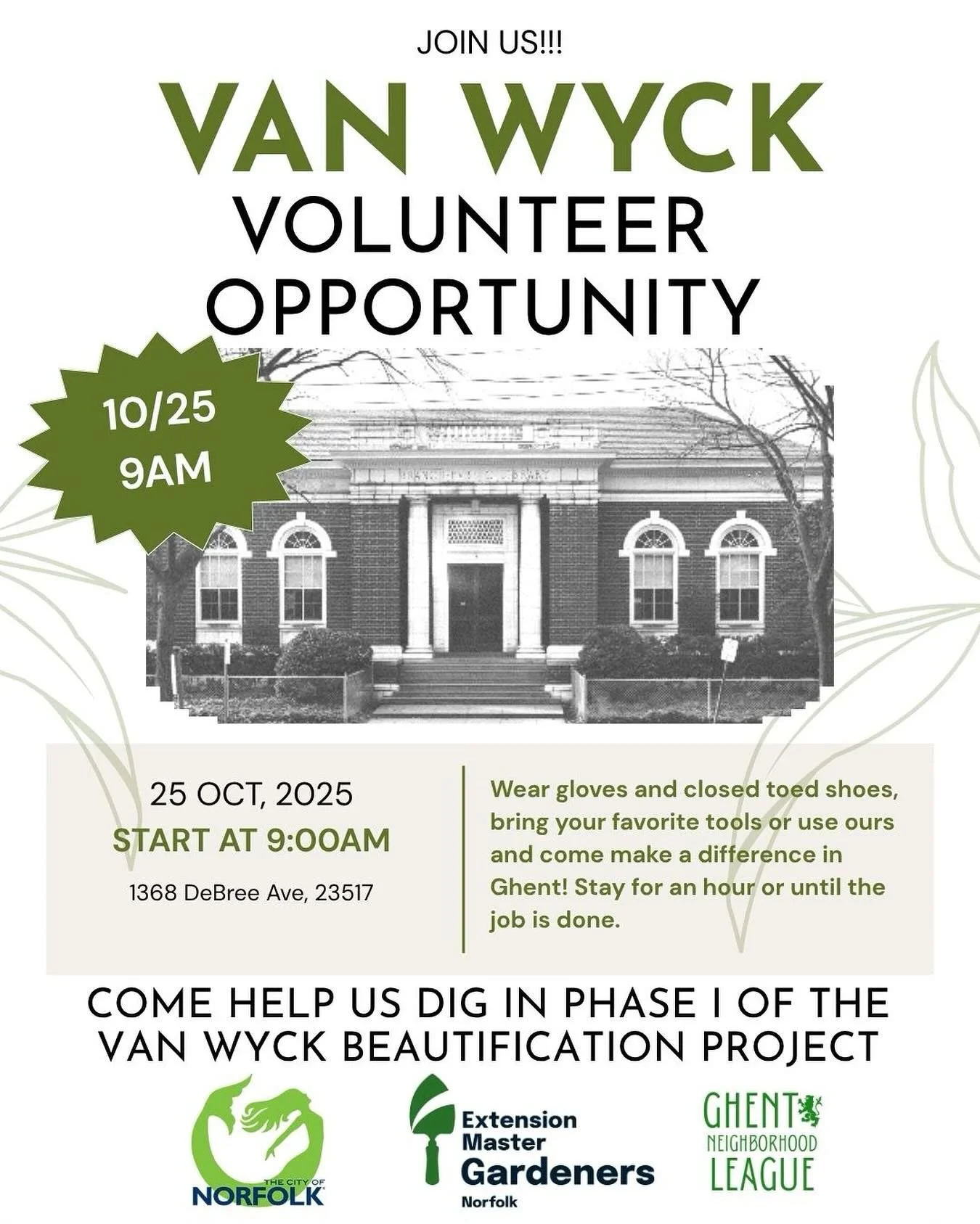 Saturday morning!!! Help us dig in the perennials for phase I of the Van Wyck beautification project. Join @norfolkmstrgrdnrs and the GNL to get those plants in at 9am. Wear gloves and closed toed shoes and bring your favorite tools or borrow ours. M
