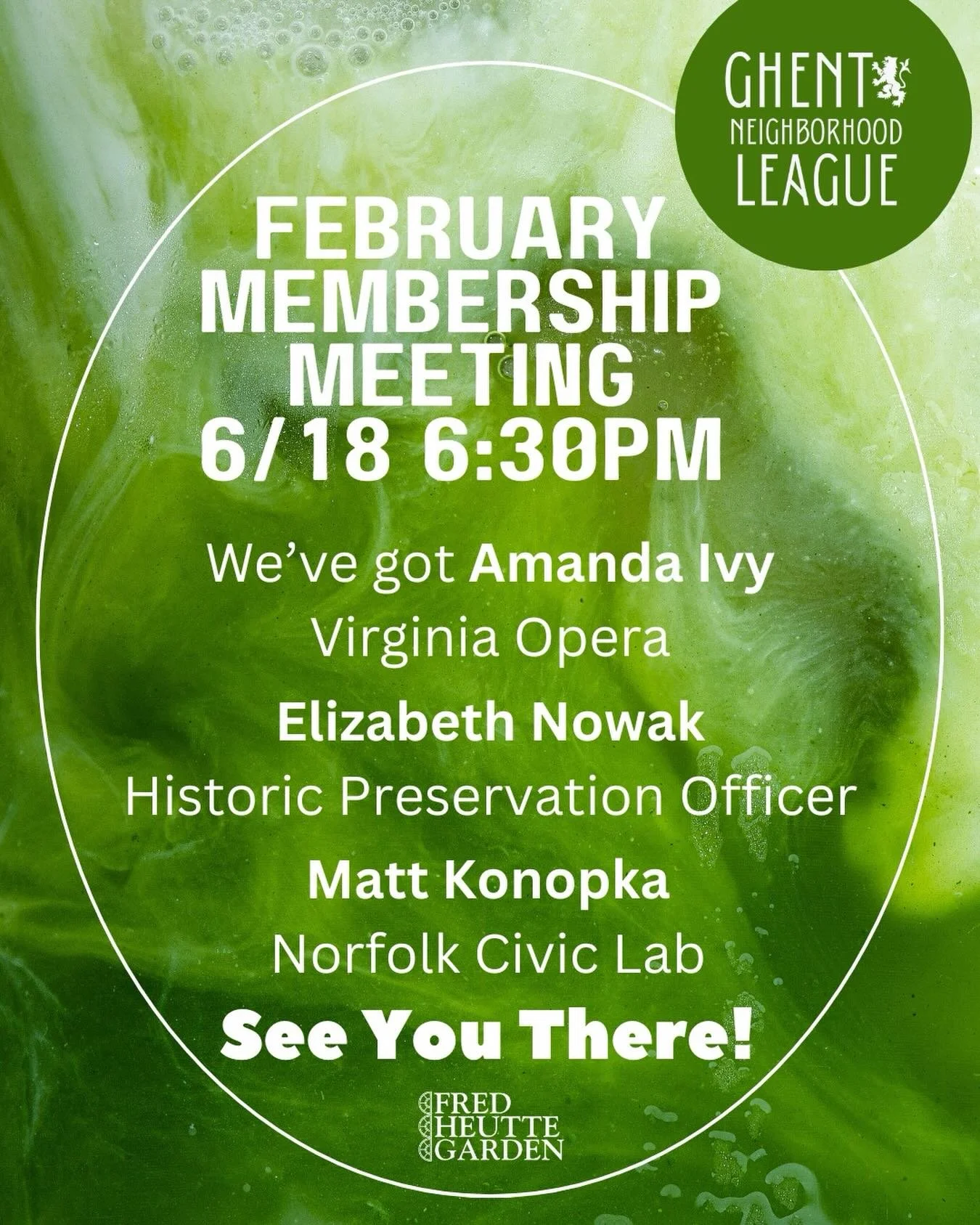 Great roster of speakers next Wednesday the 18th @ 6:30. @vaopera @cityofnorfolkva  Historic Preservation and Norfolk Civic Lab will be sharing updates and info. @fredheuttegarden , we hope to see you there!! Our meetings are open to all, no need to 