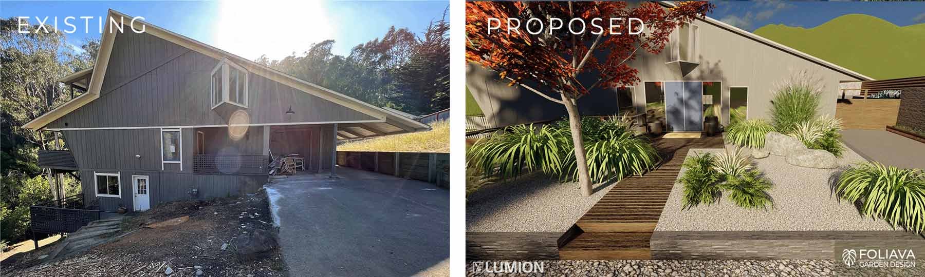 Before and After, of a house entrance with a newly graded zen garden in front.