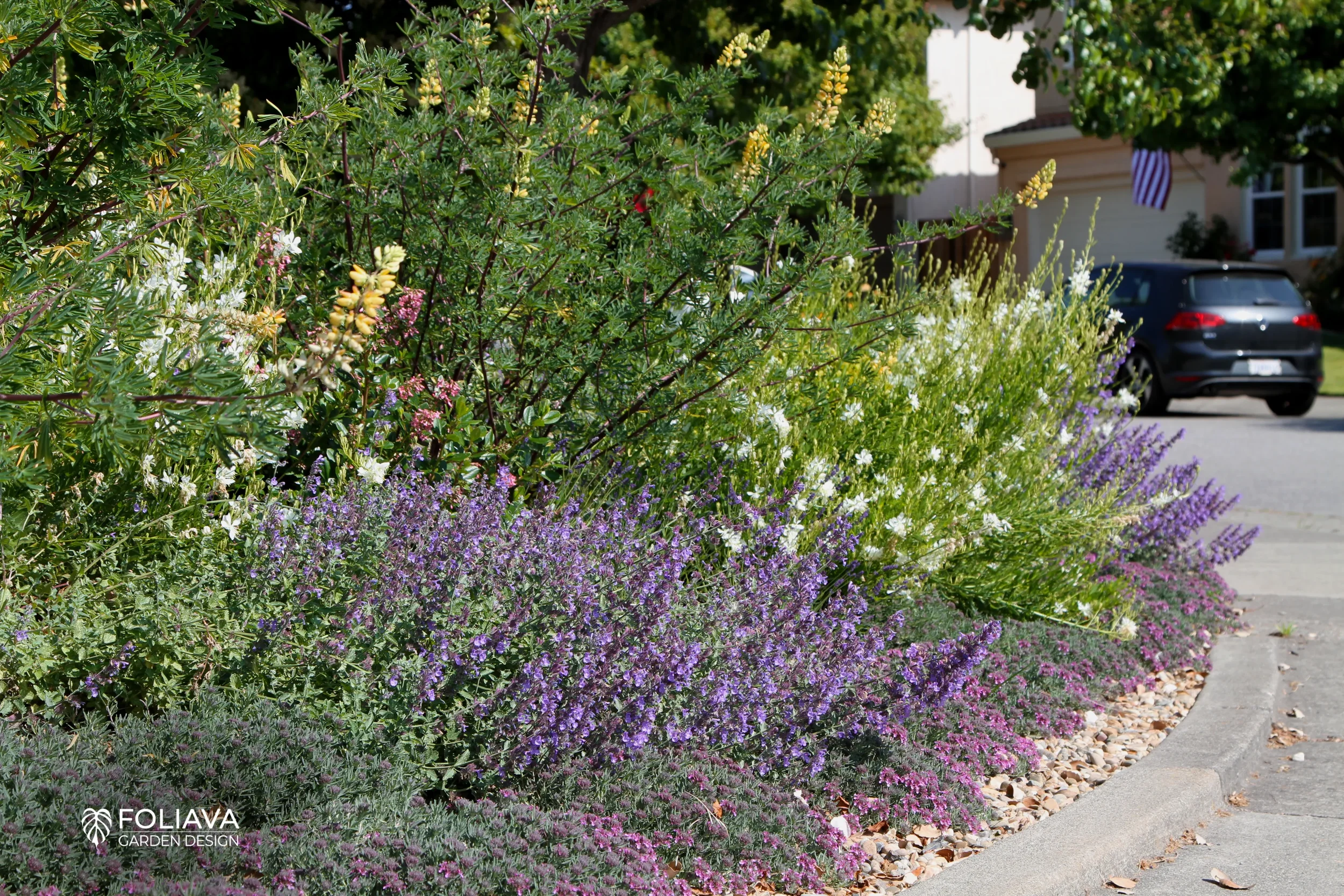 Front lawn transformed into a Monet-inspired garden with pastel flowers.