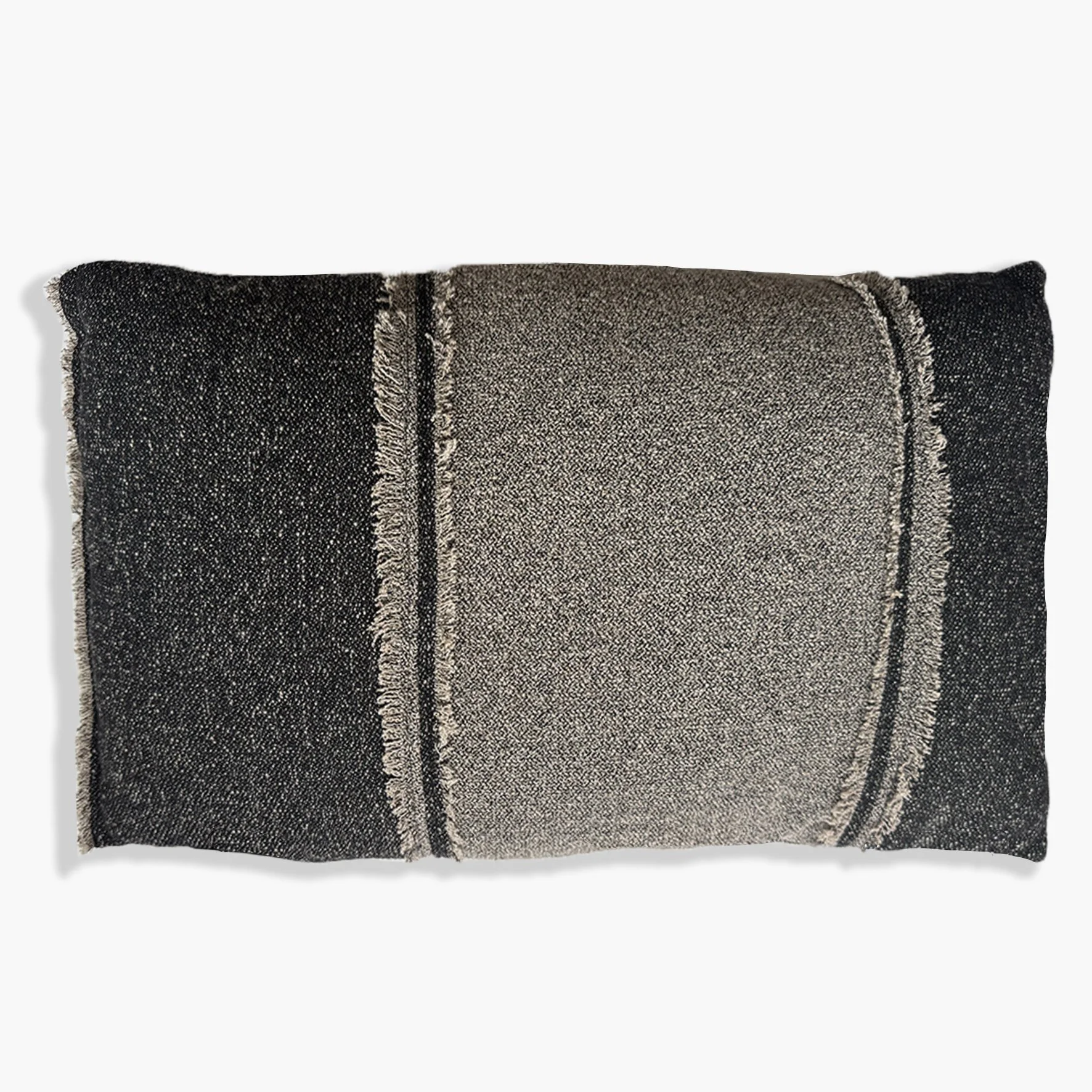 Back view of two tone monochromatic wool and silk cushion with feature frayed edge and a silk botanic patch in black and cream.