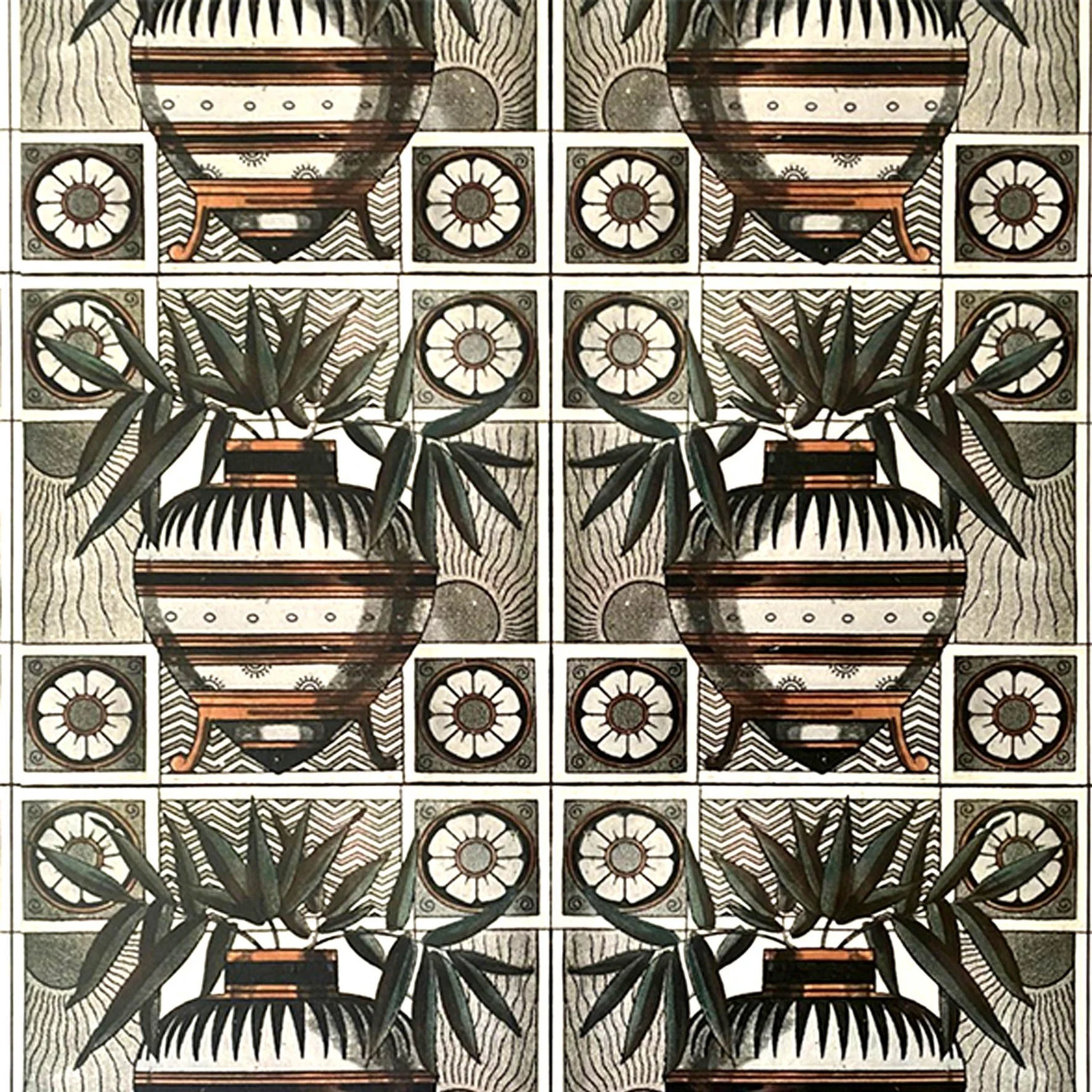 Parlour palm wallpaper in monochromatic tones with a large urn and sun and flower motifs.