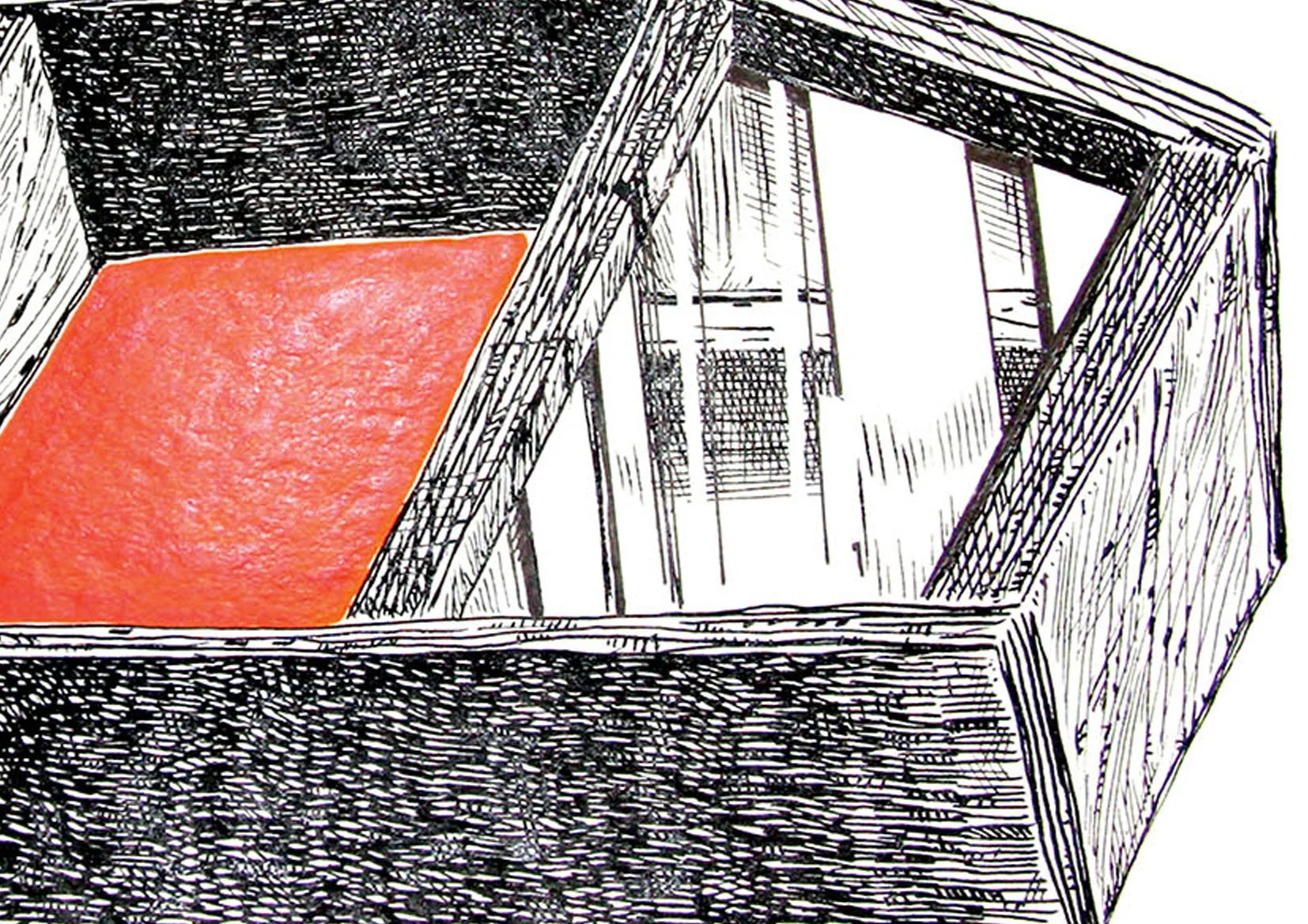 Zoom of illustration of pen and red ink drawing by ARMNP of a 3D boxed and tapered structure with rungs.