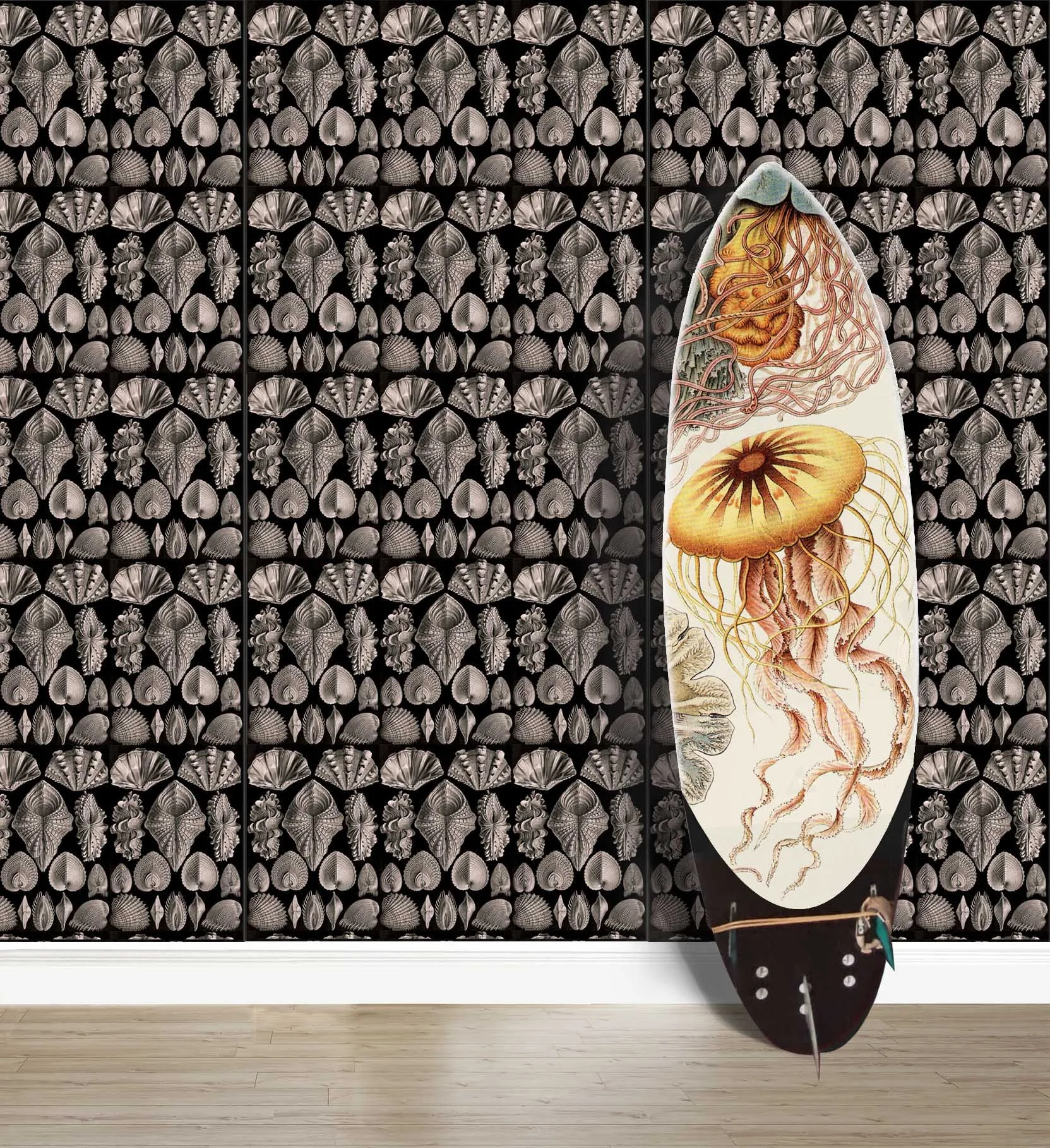 Background wallpaper with Ernst Haeckel’s illustrations of bivalves and molluscs against a black background and with a surfboard featuring a large jellyfish by the same illustrator.