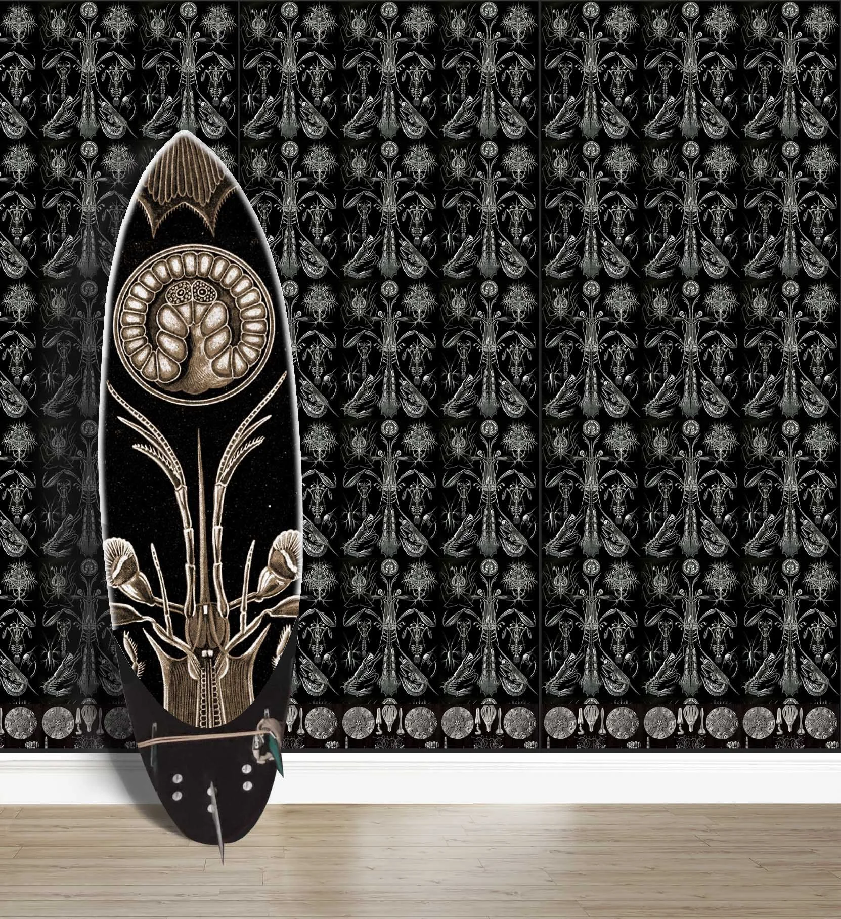 Background wallpaper with Ernst Haeckel’s illustrations of crustaceans against a black background and with a surfboard featuring a large crustacean by the same illustrator.