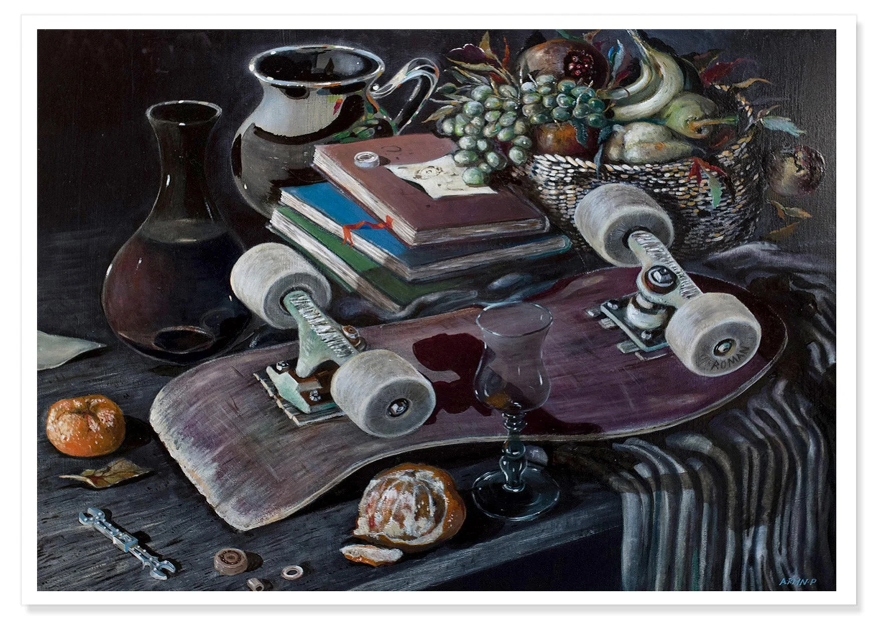 Renaissance Skate illustration by ARMNP of La Penultima Cena showing print with skateboard, books, wine and fruit.