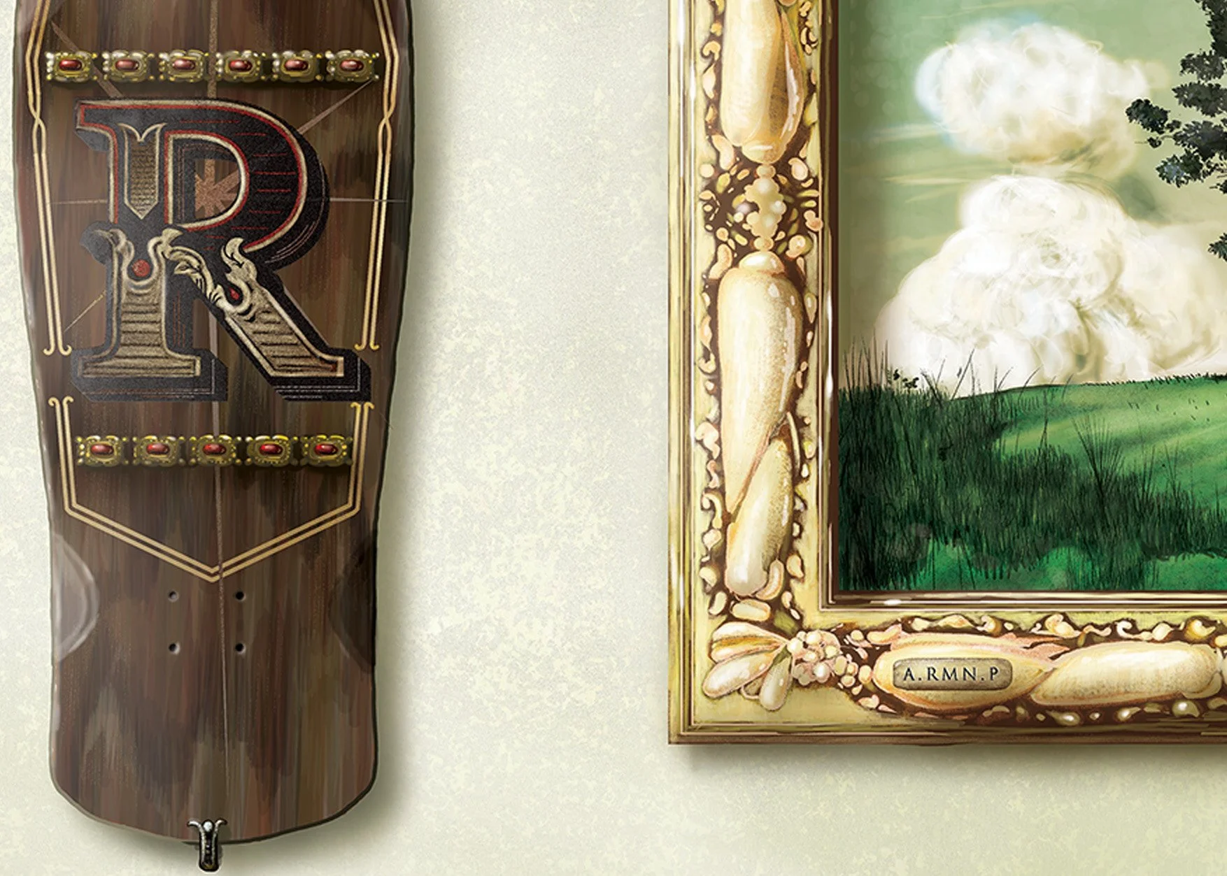 Zoom of a print of Ratto di Abitazione featuring skateboards and pictures on a wall  by ARMNP.