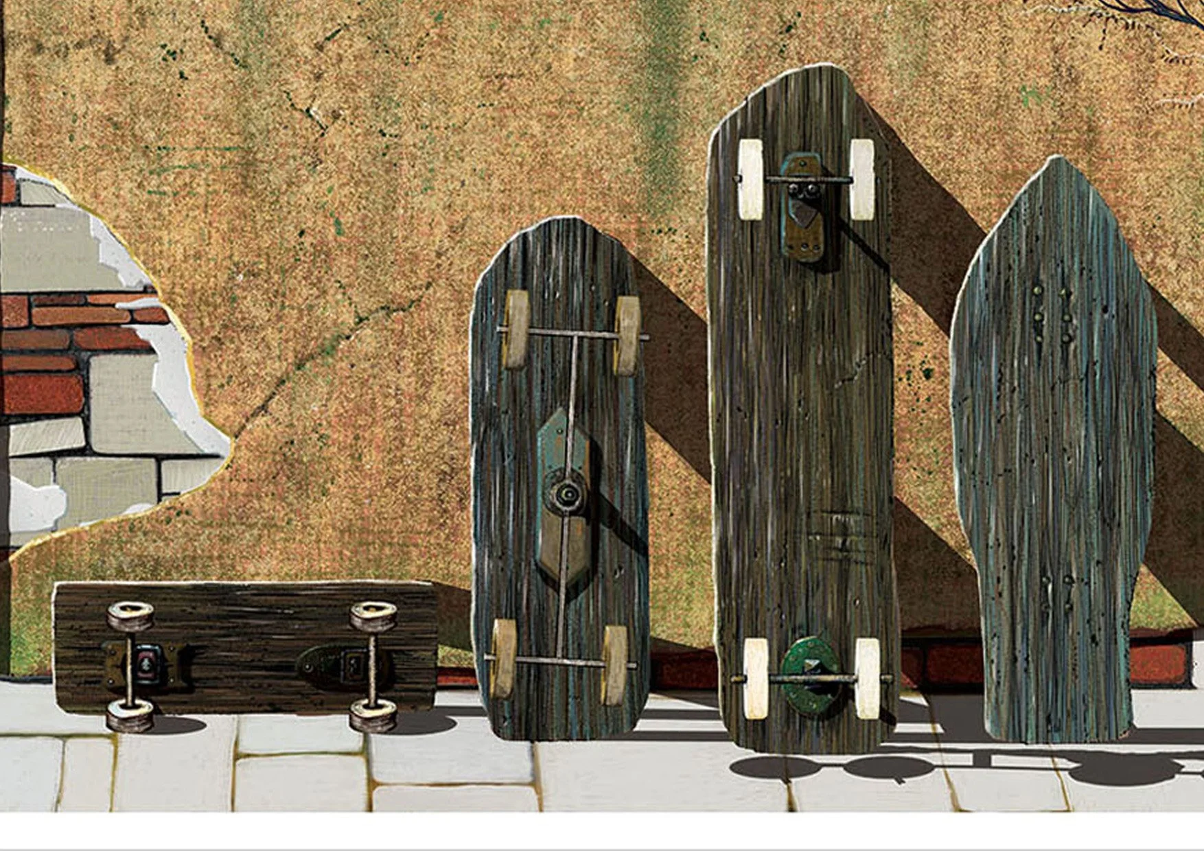 Zoom view showing detail of renaissance skate illustration of Meriggio Nel Rione Romano by ARMNP.