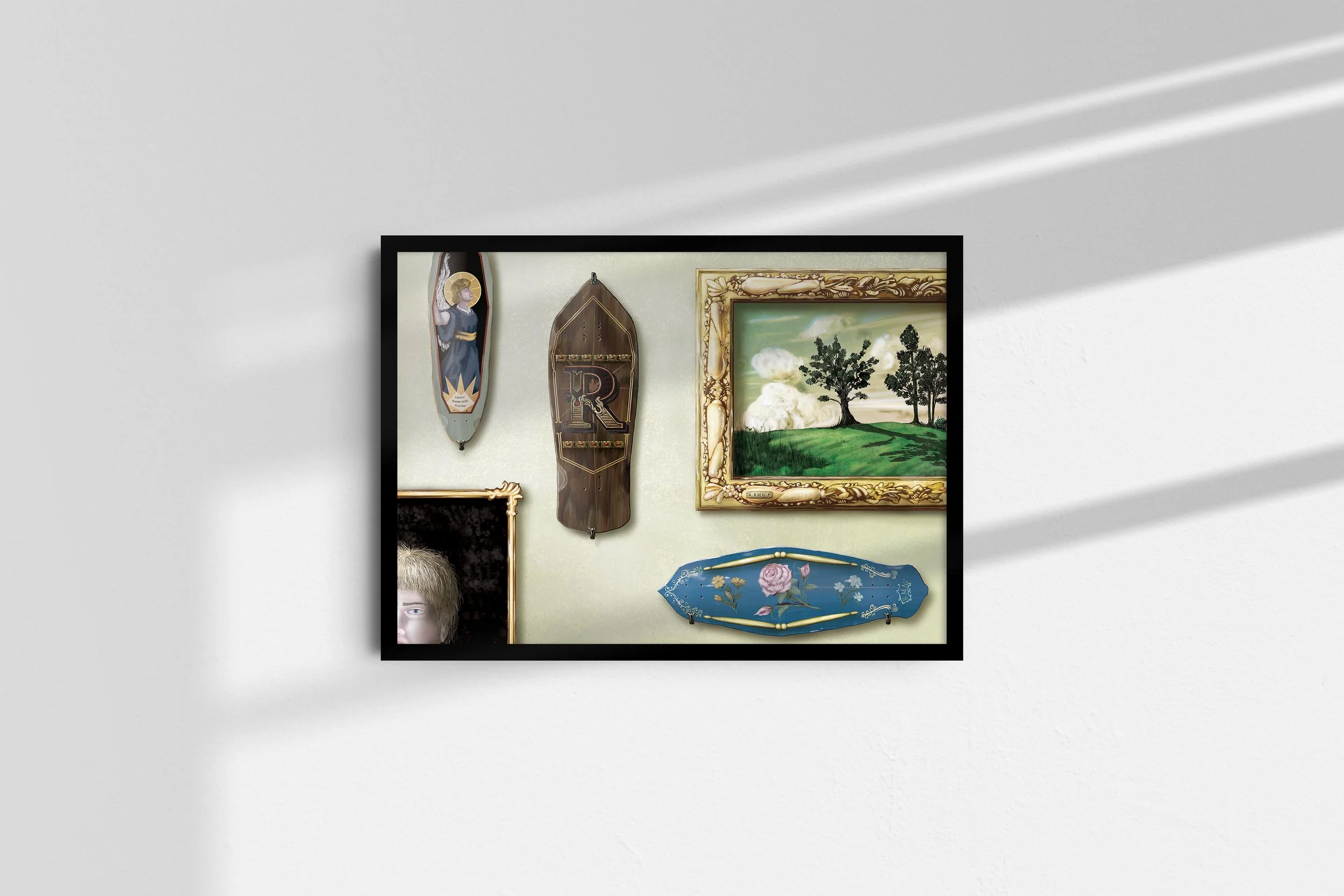 Framed print of renaissance skate illustration of Ratto di Abitazione by ARMNP on a sunlit wall.