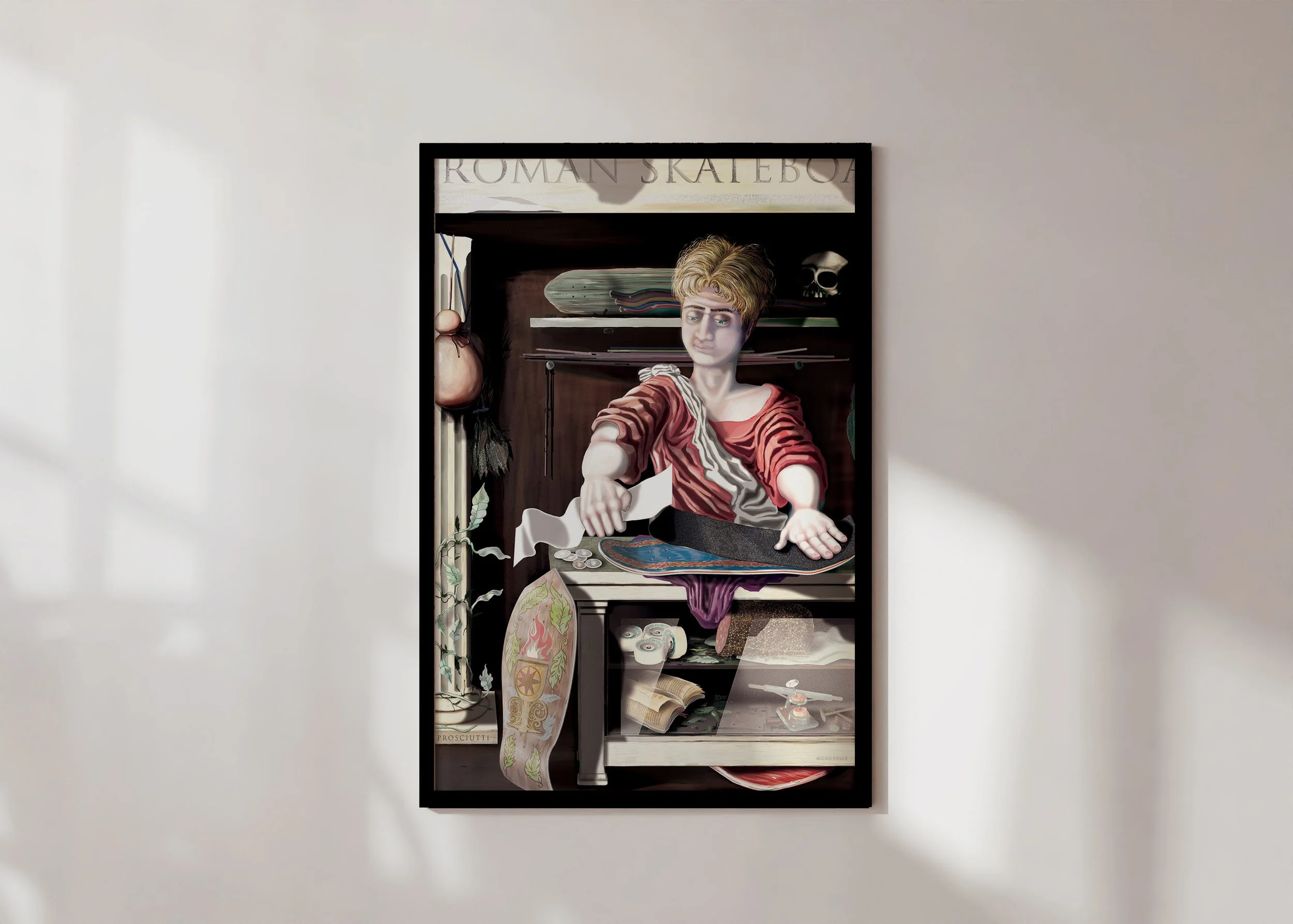 Framed print of renaissance skate illustration of Agrippa Bene by ARMNP on a sunlit wall.