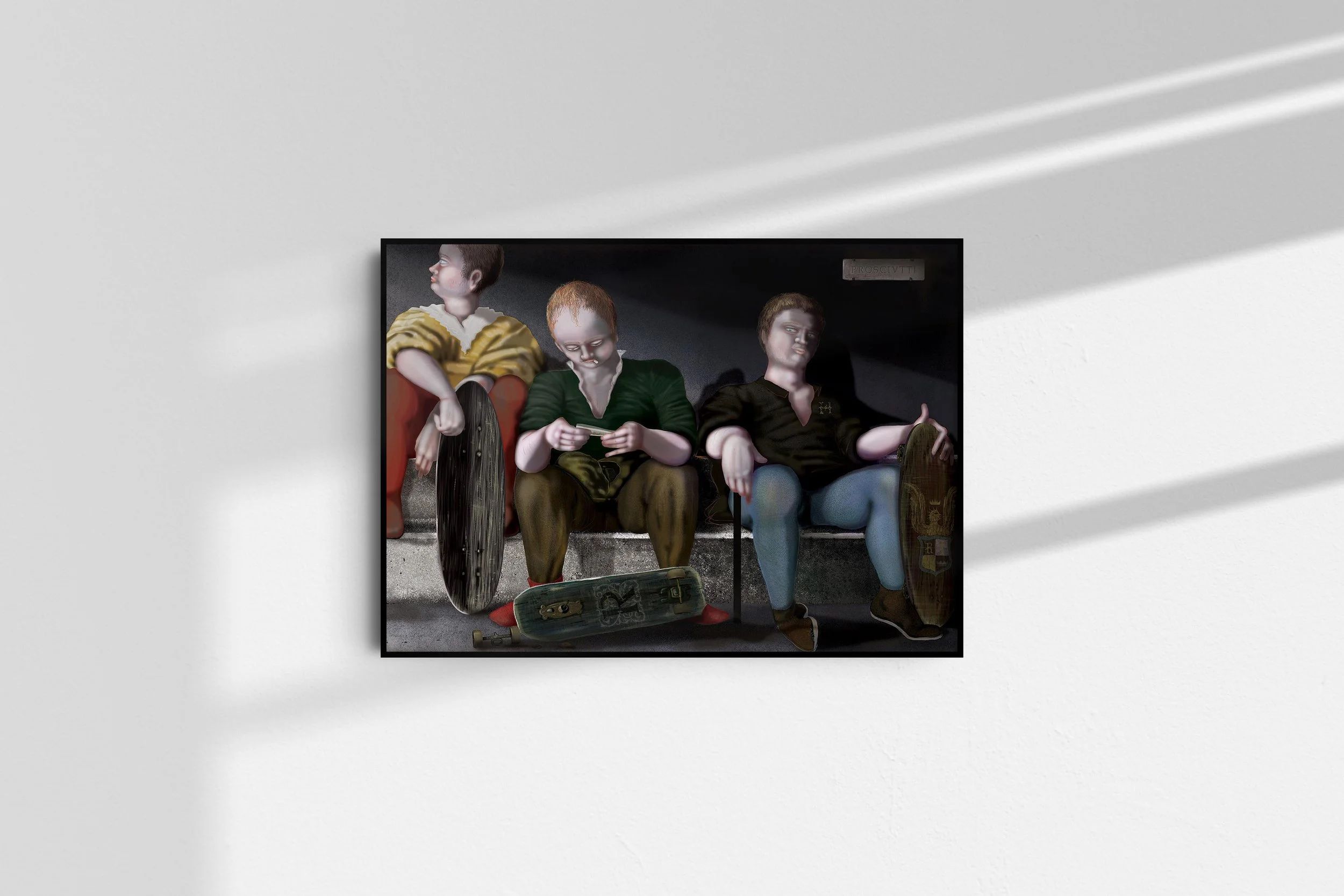 Framed print of renaissance skate illustration of Duchi Allo Spot by ARMNP on a sunlit wall.