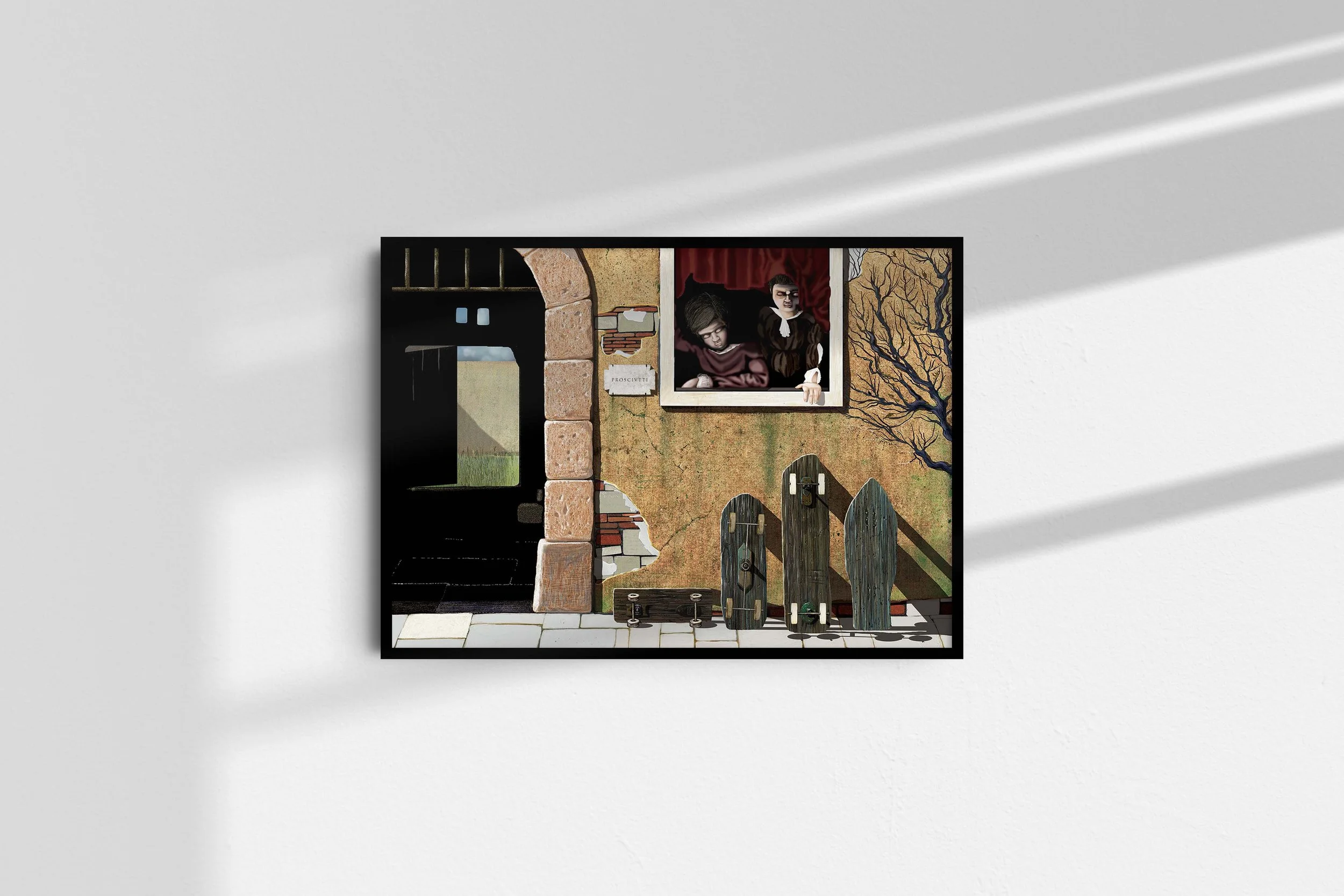 Framed print of renaissance skate illustration of Meriggio Nel Rione Romano by ARMNP on a sunlit wall.