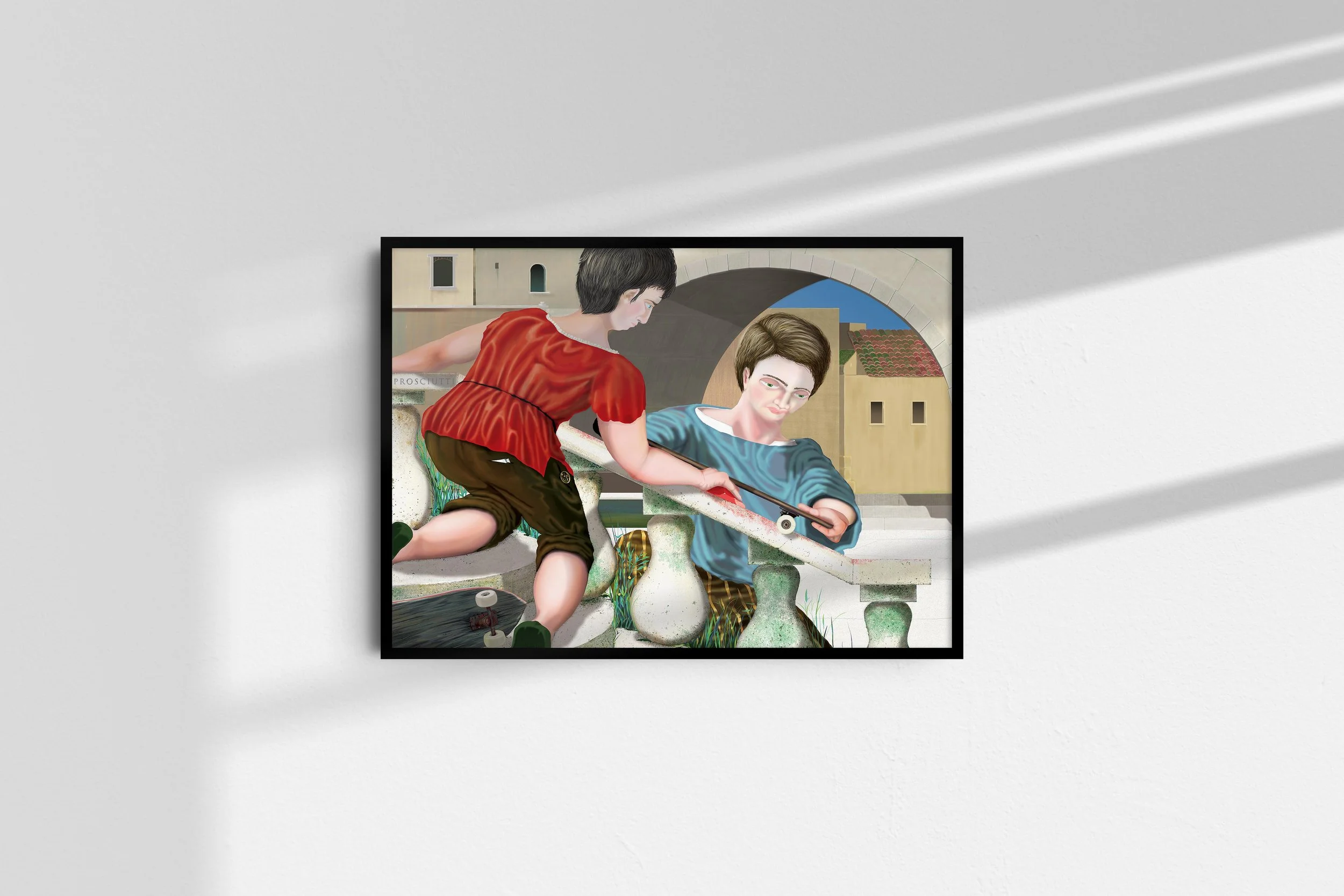 Framed print of renaissance skate illustration of Cristi Ceranti sotto Fiume by ARMNP on a sunlit wall.