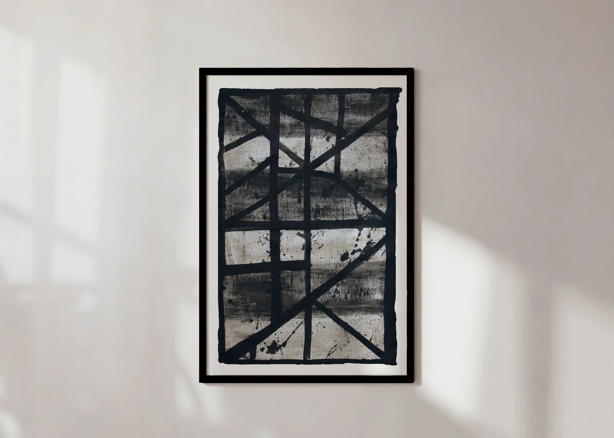 Framed print of abstract line art (Flint 1) over parchment linen with light bands in monochrome palette.