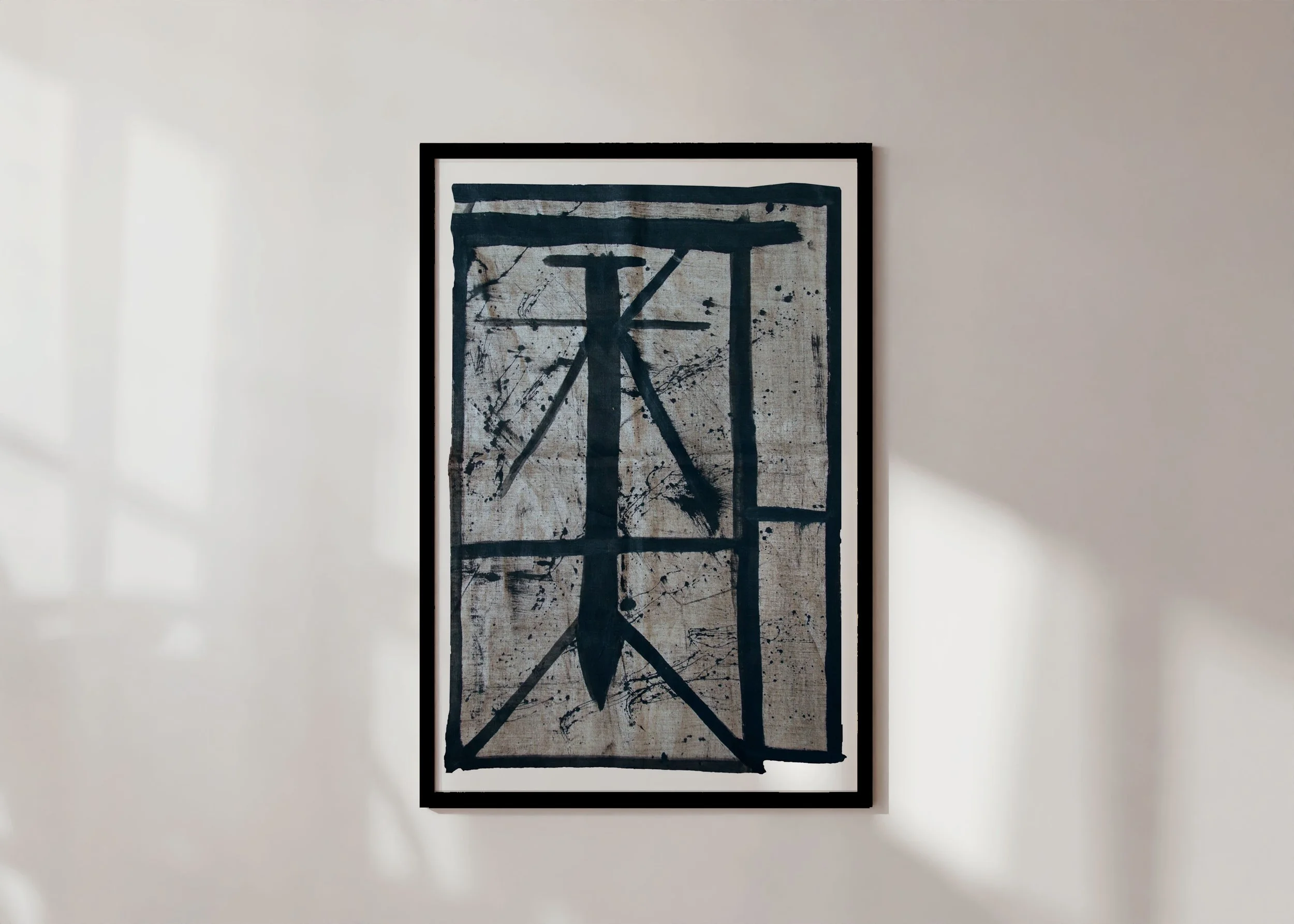Framed print of abstract line art (Flint 2) in directional lines over parchment linen in monochrome palette.