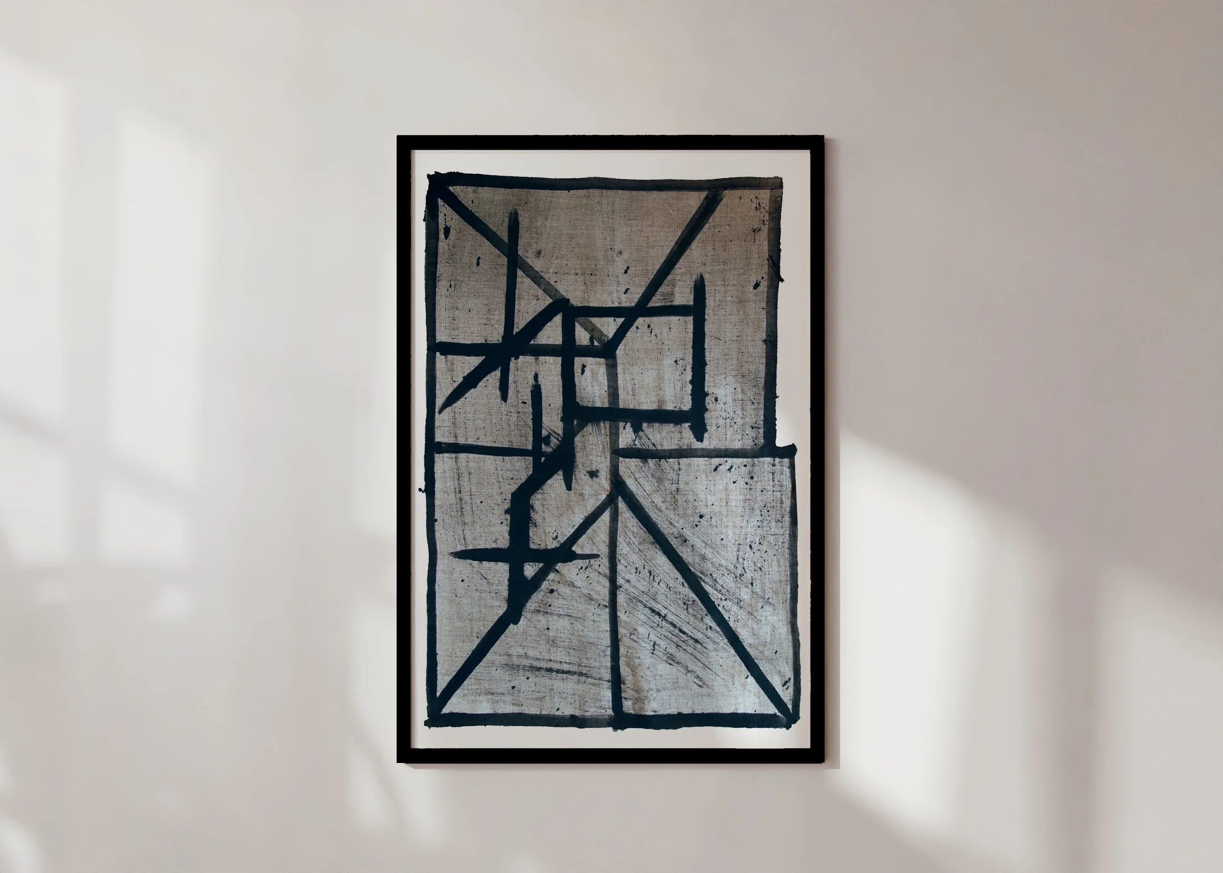 Framed print of abstract line art (Flint 5) in a complex interplay of lines over parchment linen in monochrome palette.