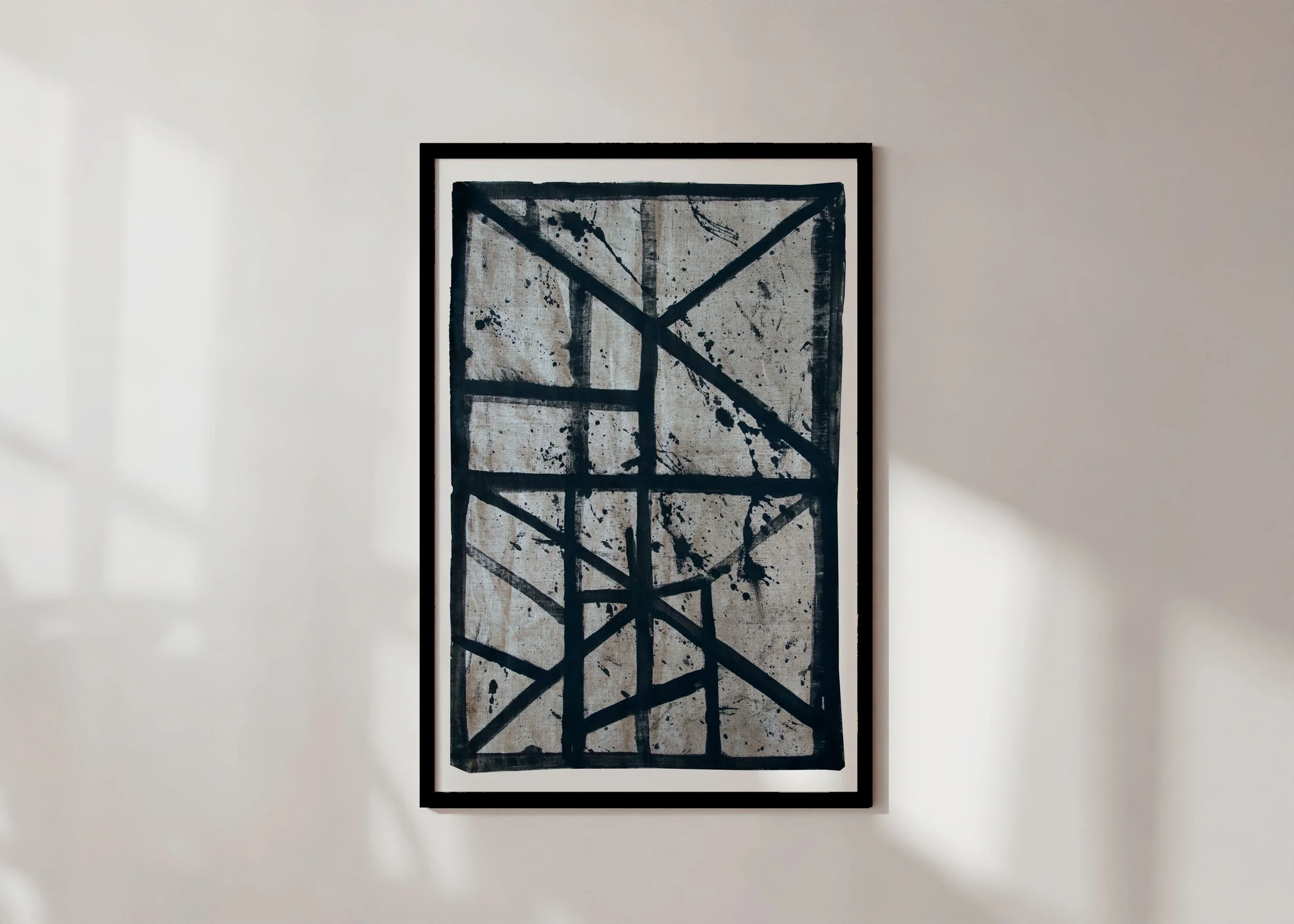 Framed print of abstract line art (Flint 6) with many lines over distressed parchment linen in monochrome palette.