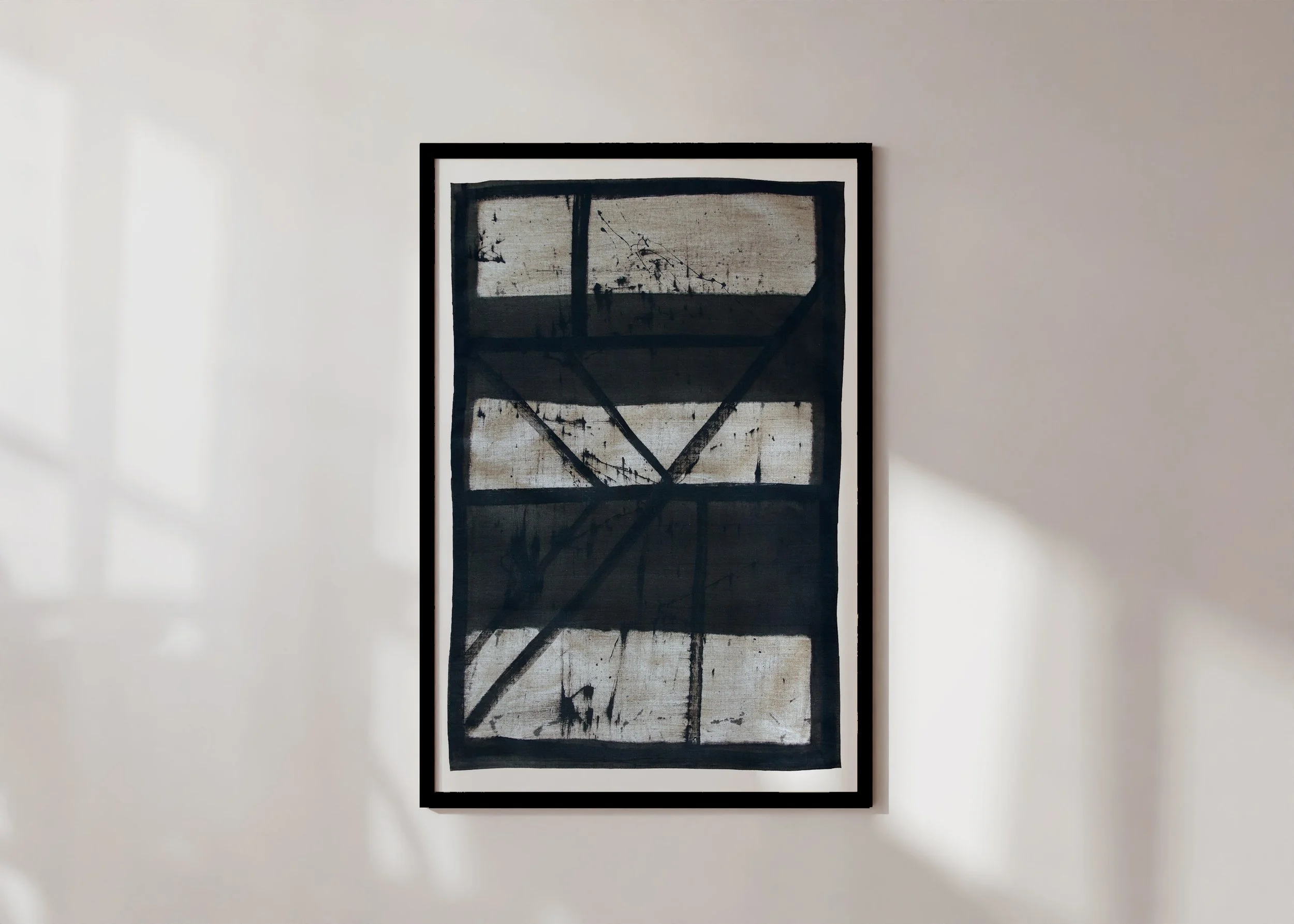 Framed print of abstract line art (Flint 7) over parchment linen with two horizontal bands in monochrome palette.