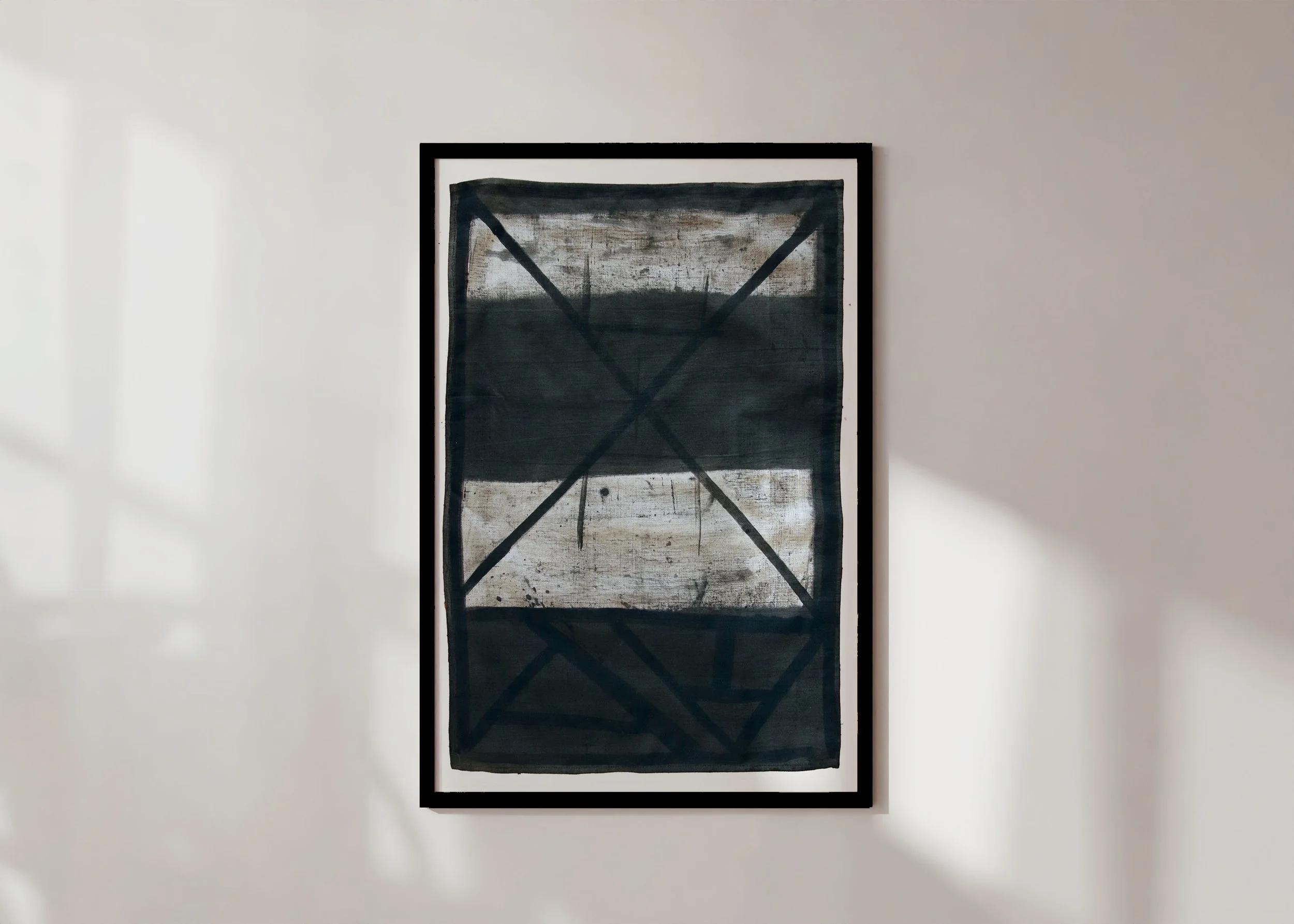 Framed print of abstract line art (Flint 9) over parchment linen with two wide bands and textured background in monochrome palette.