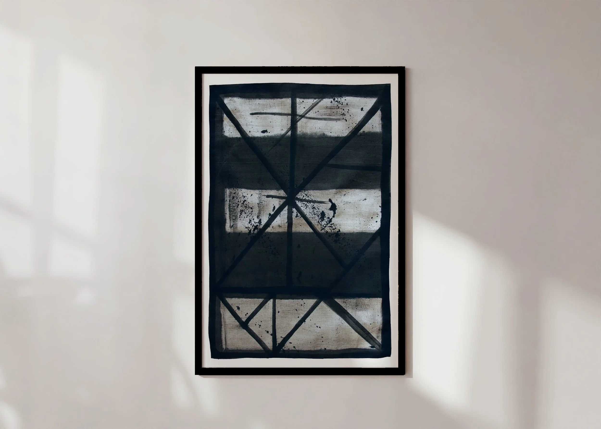 Framed print of abstract line art (Flint 10) over parchment linen with flint bands in monochrome palette.