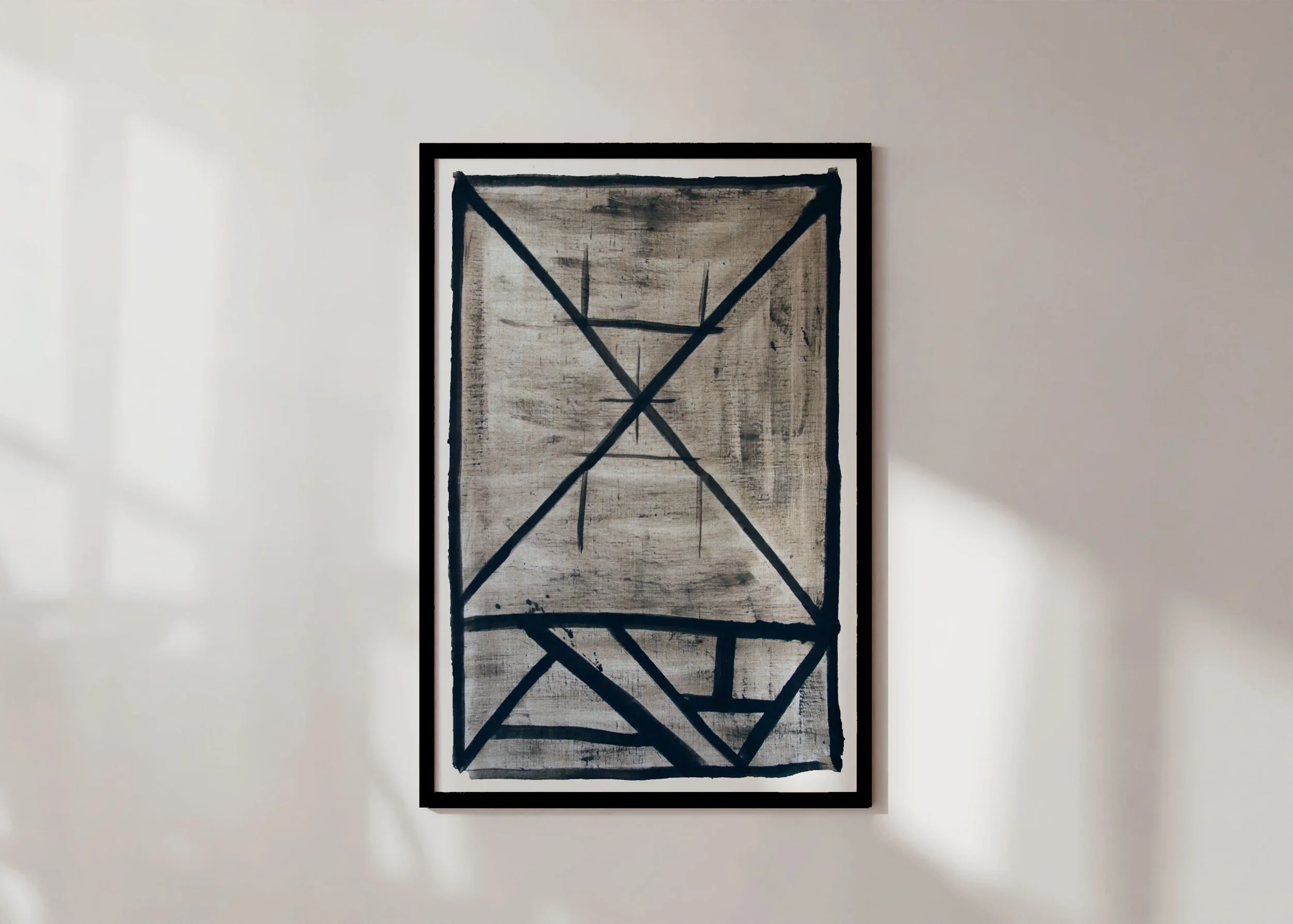 Framed print of abstract line art with crossed lines (Flint 4) over lightly distressed parchment linen in monochrome palette.