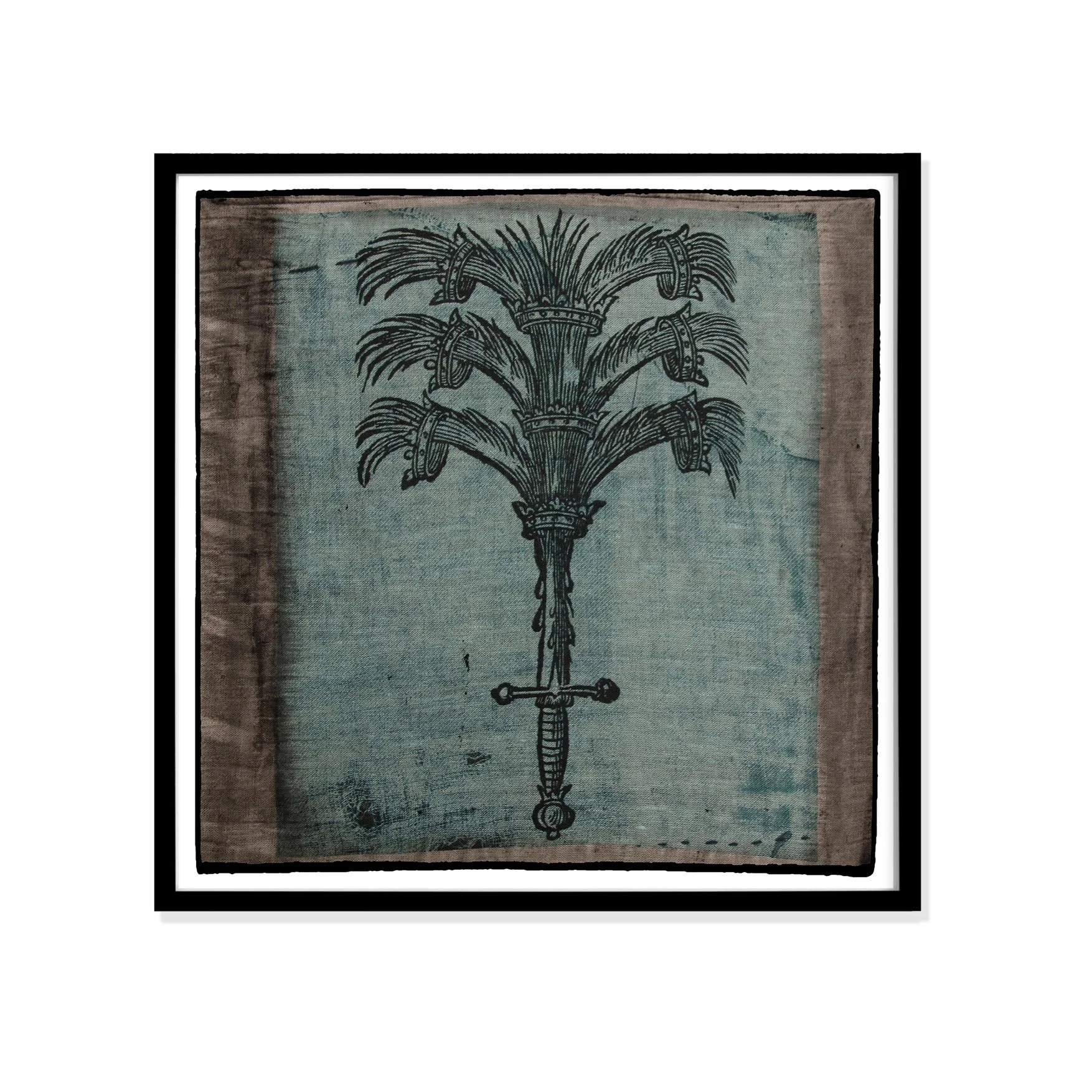 Nine crown illustration by Claude Paradin with antique linen in a black frame against a white wall.