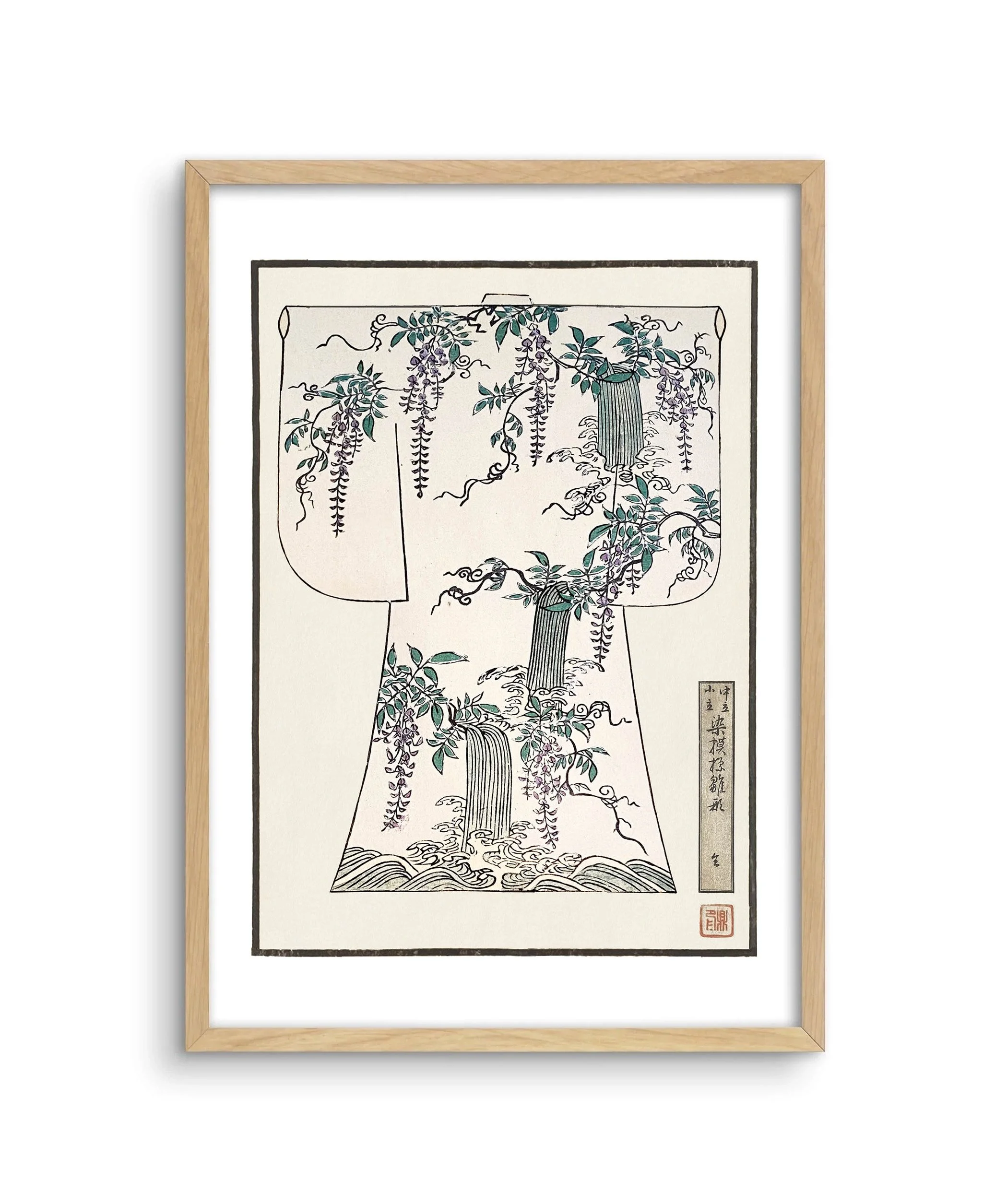 A framed image of a children's kimono design featuring wisteria and waterfalls.
