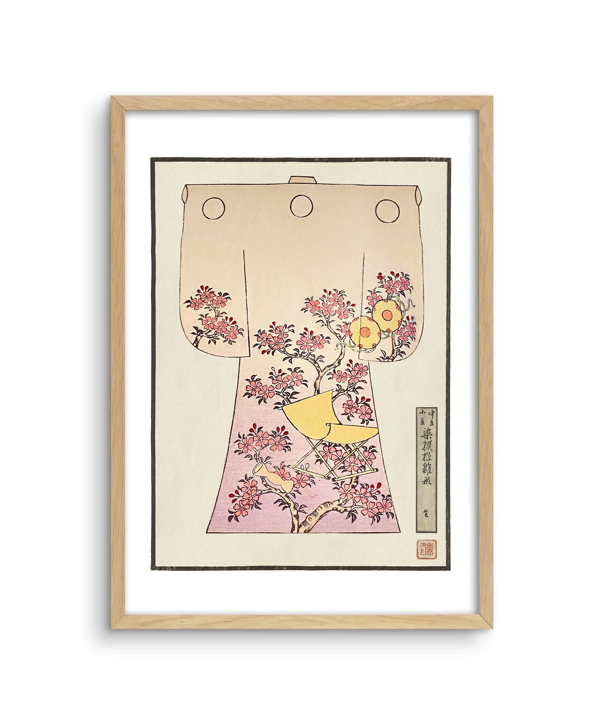 A framed image of a children's kimono design in gold with pink blossoms and a yellow sunchair.
