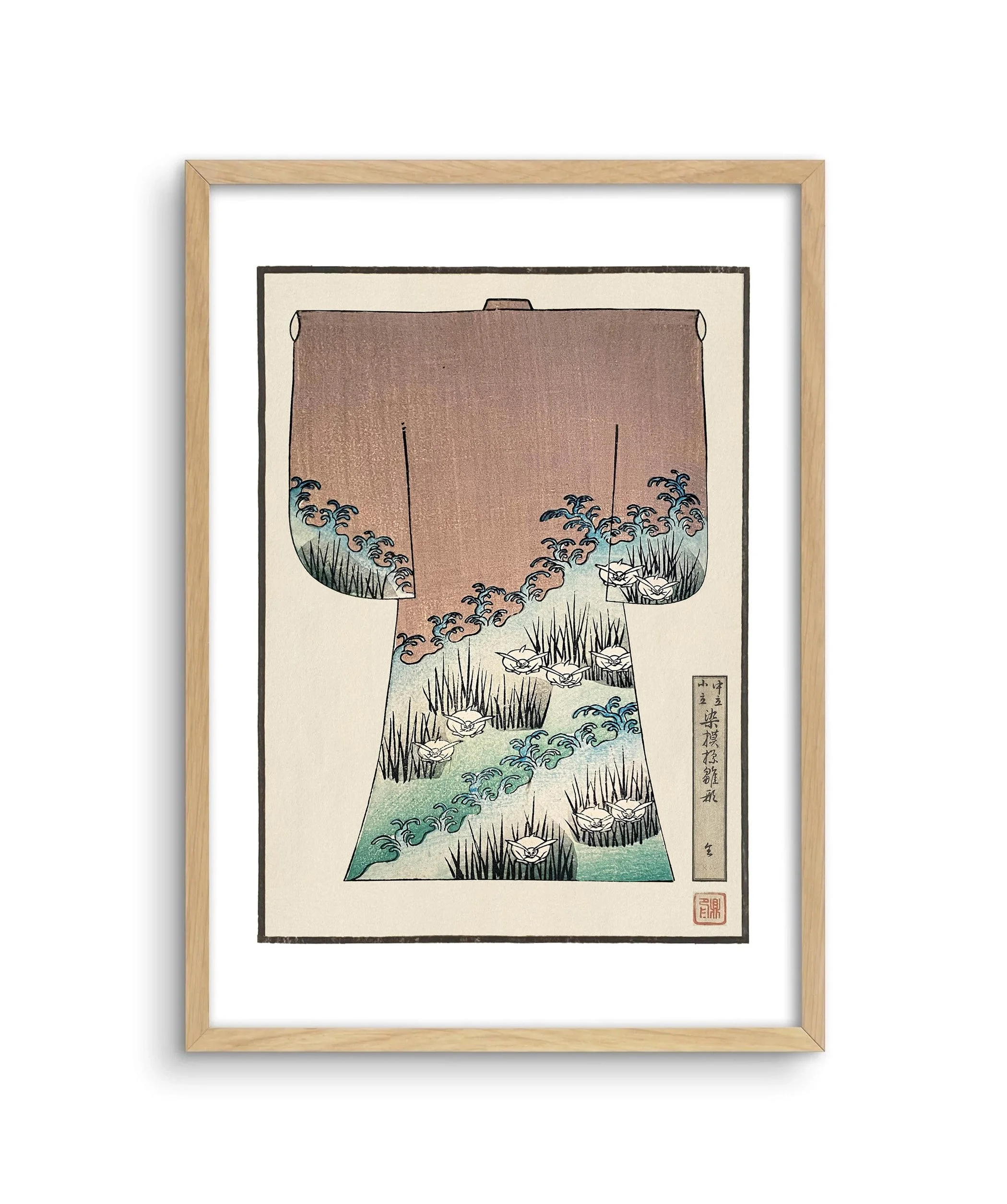A framed image of a children's kimono design with white rabbits hiding in the bushes.