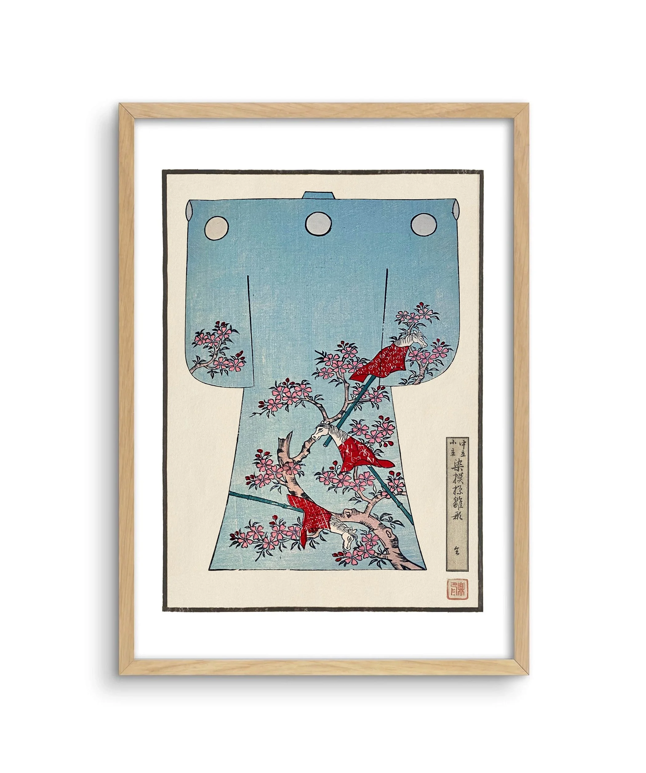 A framed image of a children's kimono design in blue with three ponies on poles.
