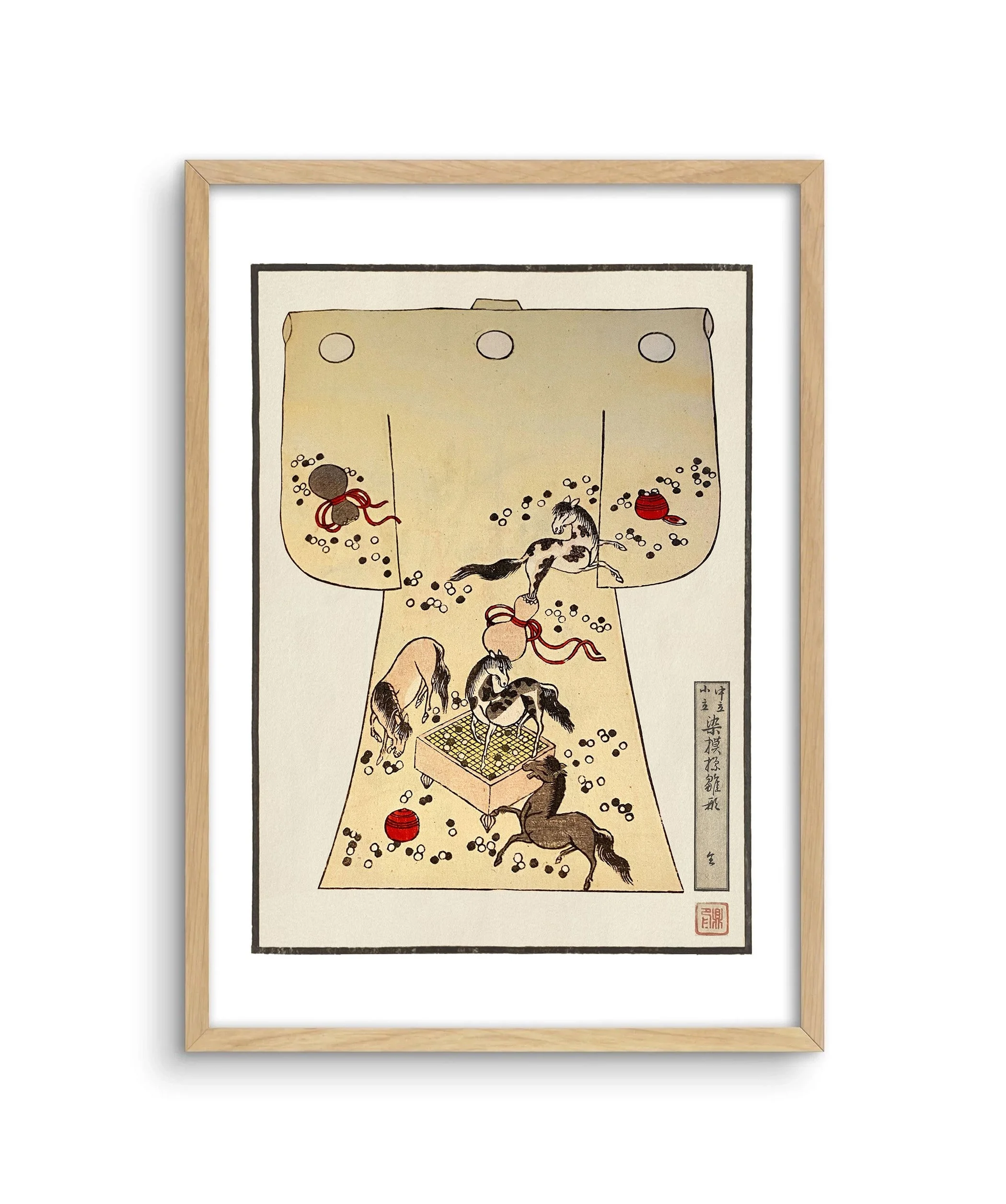 A framed image of a children's kimono design in gold with ponies playing ball games.