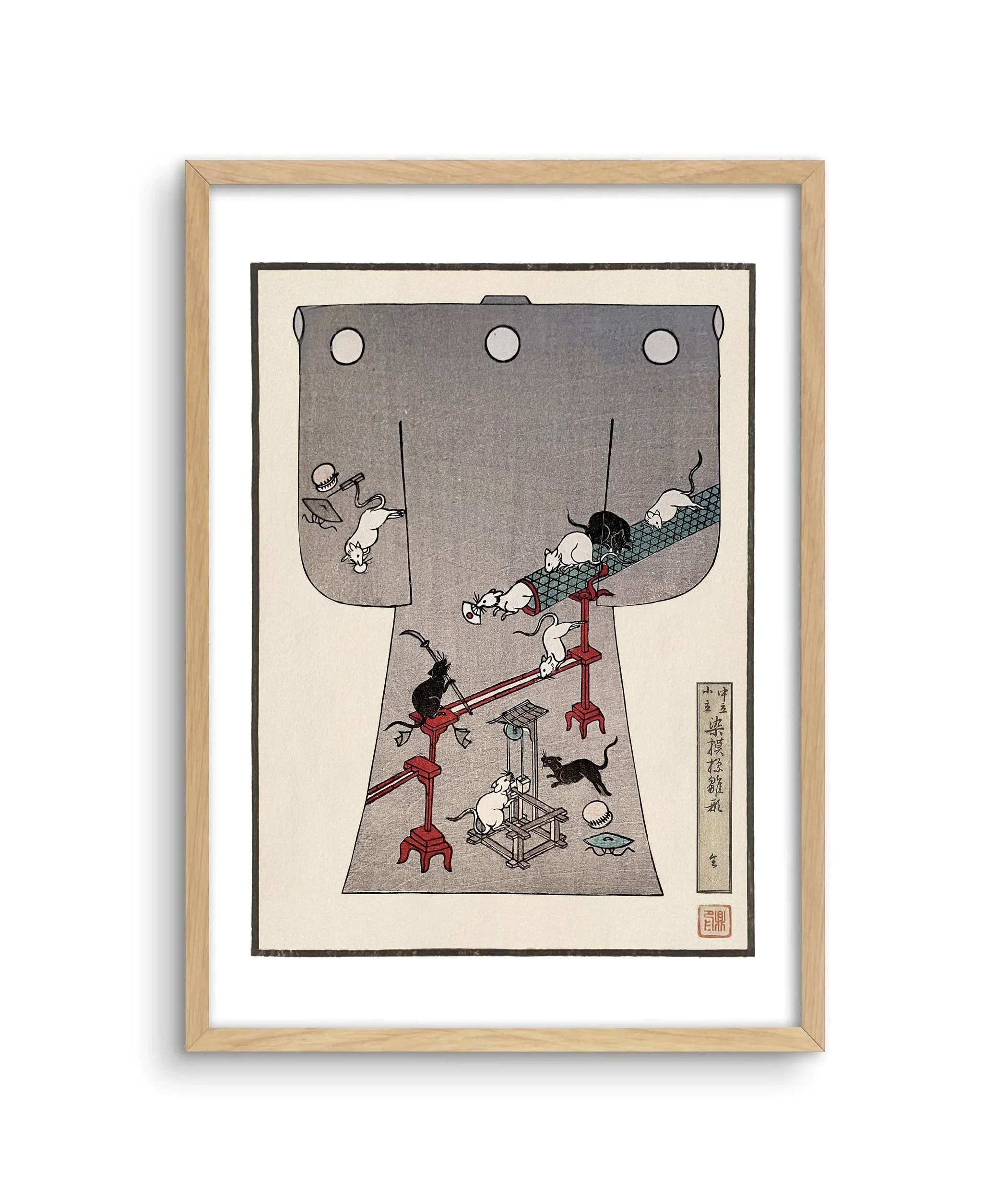 A framed image of a children's kimono design with mice playing games on frames.