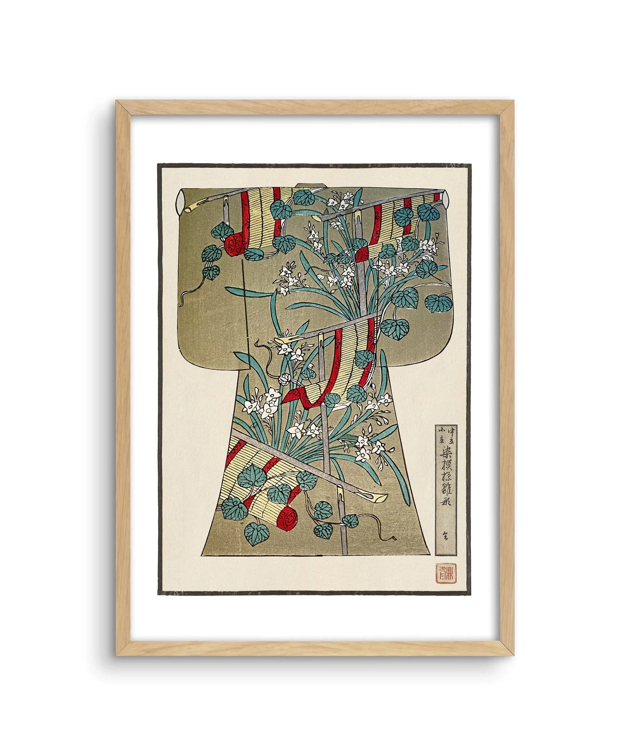 A framed image of a children's kimono design with green leaves and screens.