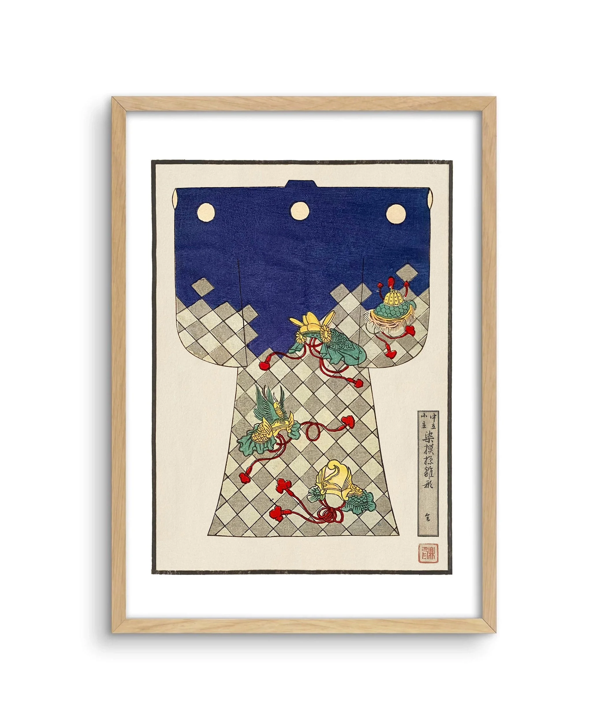 A framed image of a children's kimono design with checkerboard and headdresses.