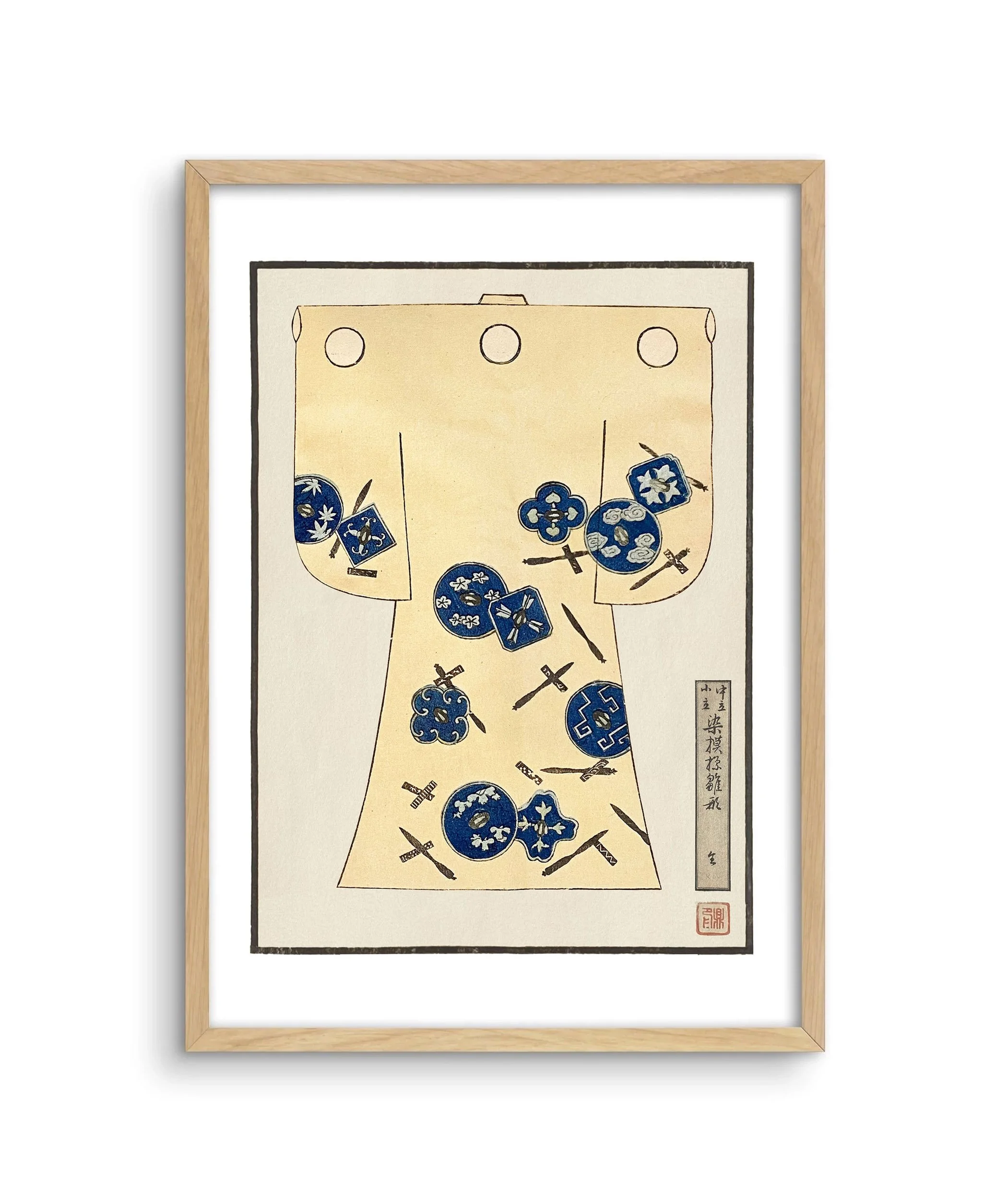 A framed image of a children's kimono design with swords and shields.