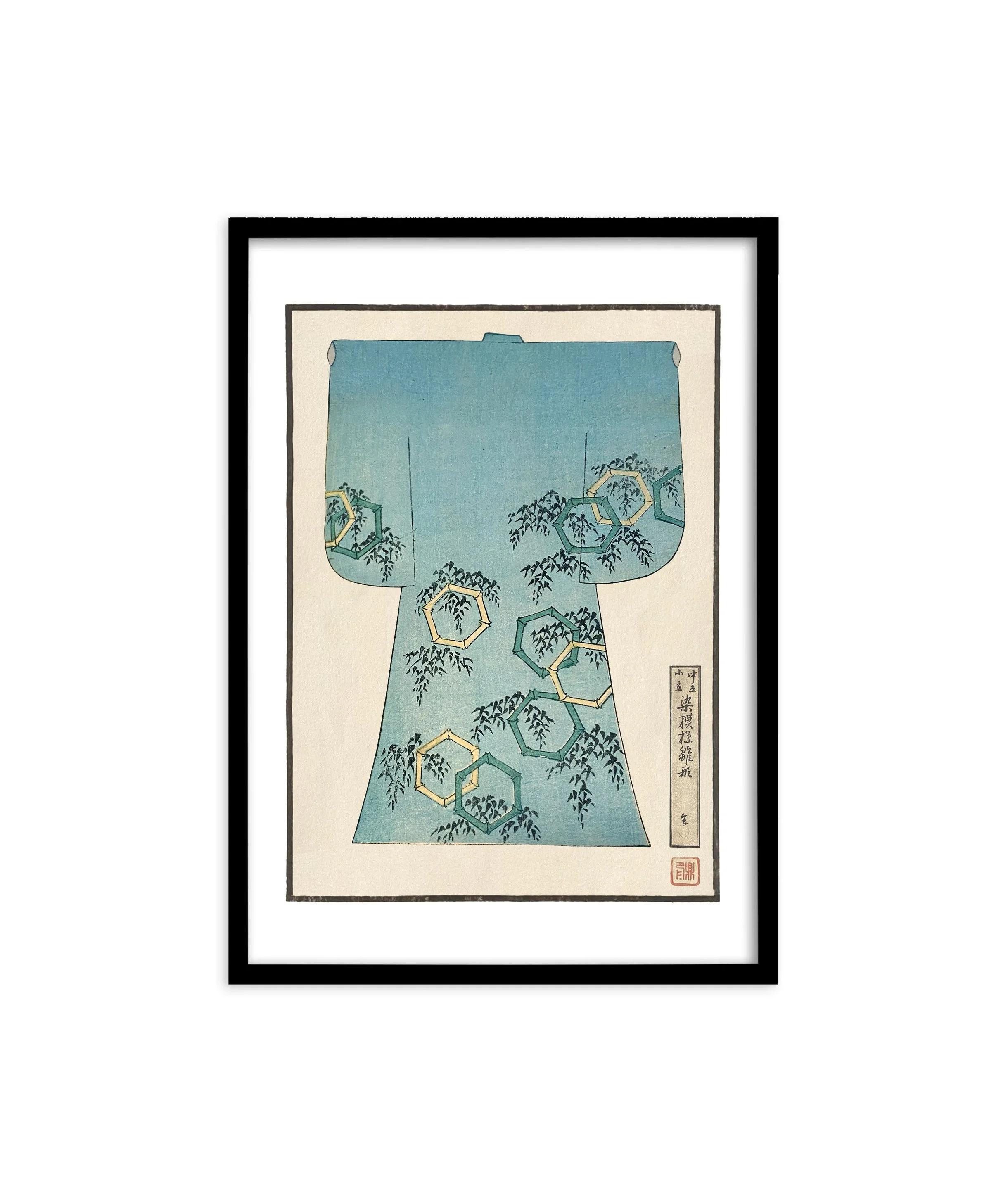 A framed image of a children's kimono design with bamboo and rings.