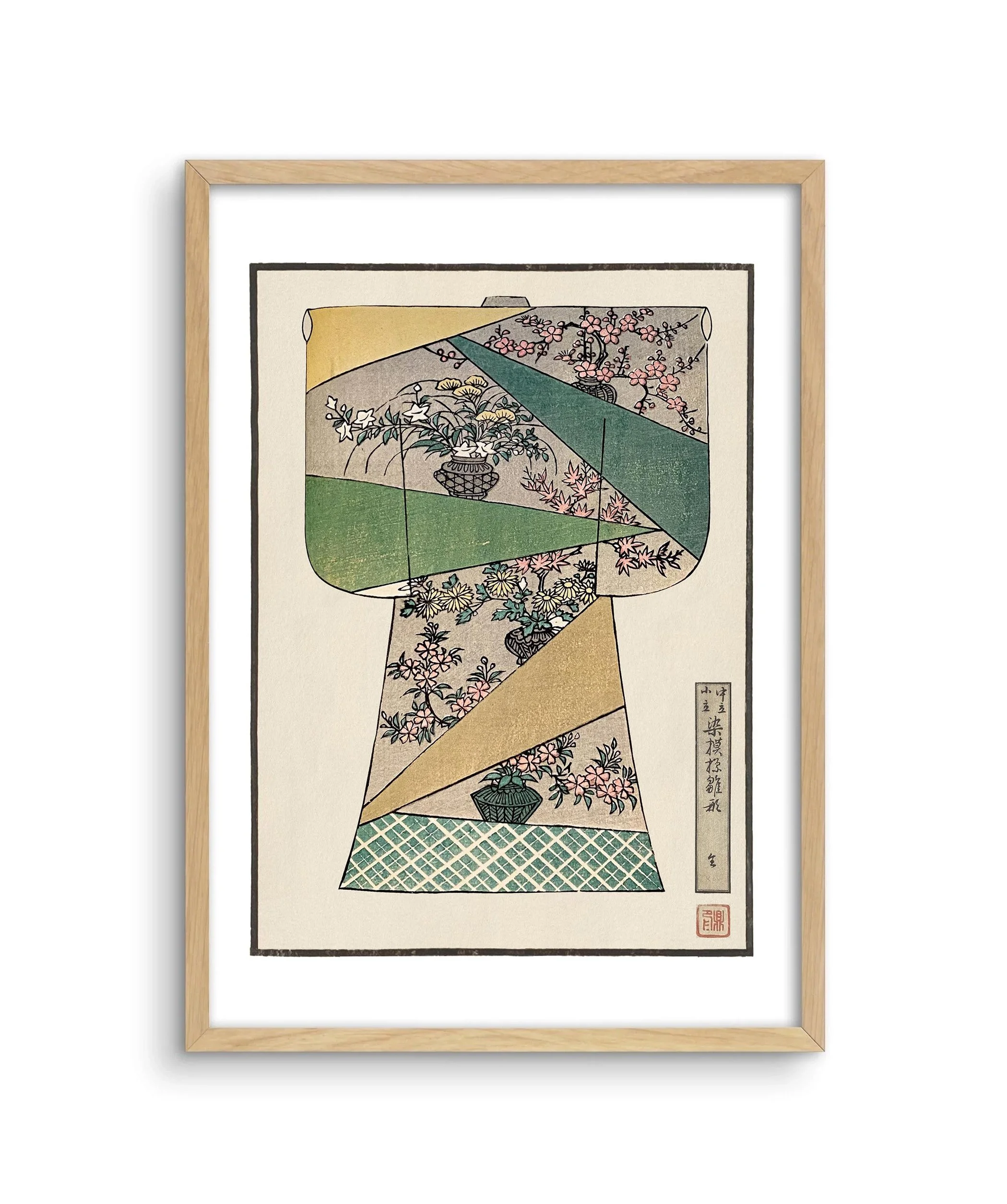 A framed image of a children's kimono design in green and gold with diagonal flags and blossom behind.