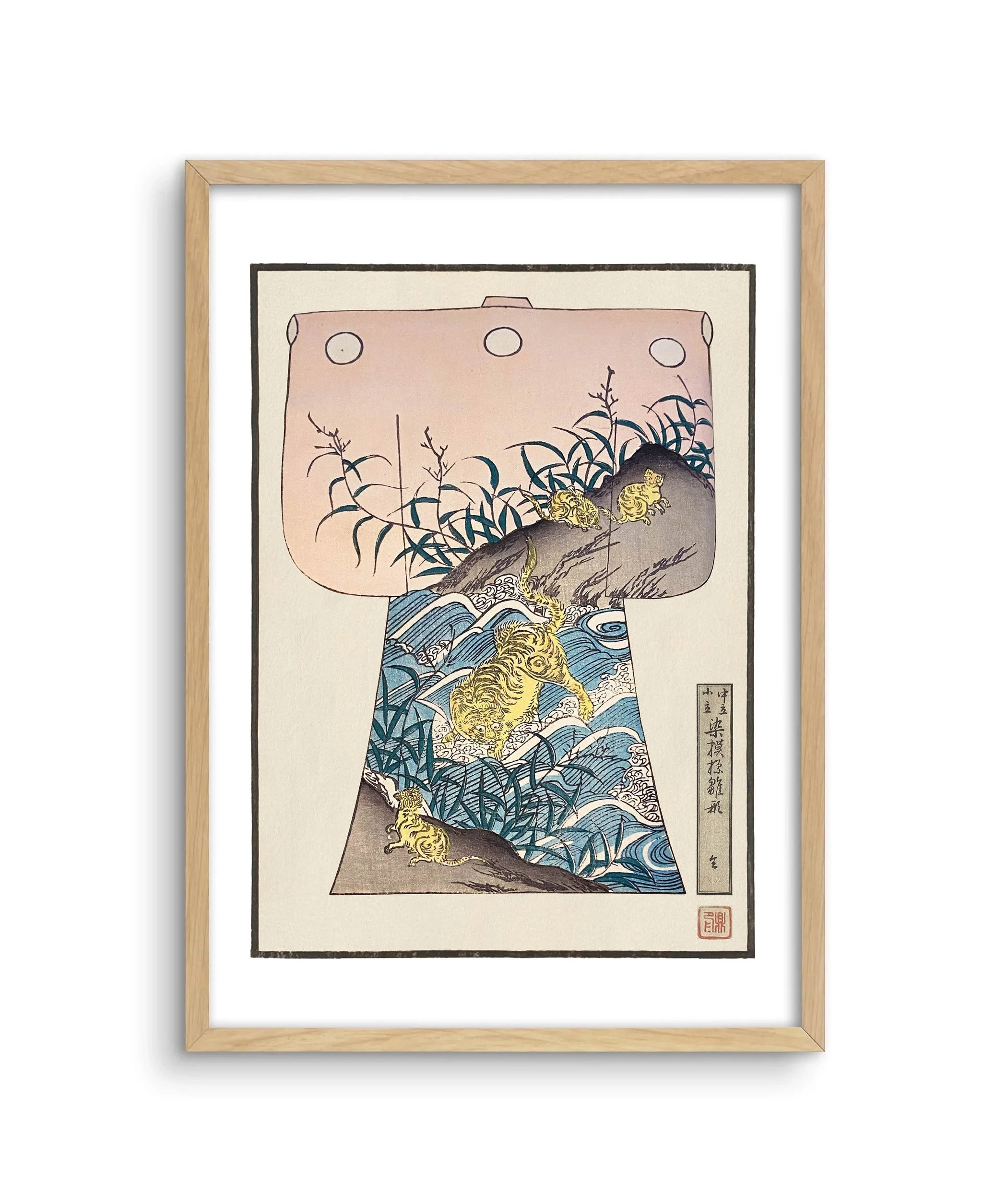 A framed image of a children's kimono design with a tiger and cubs by a river with a pink sky.