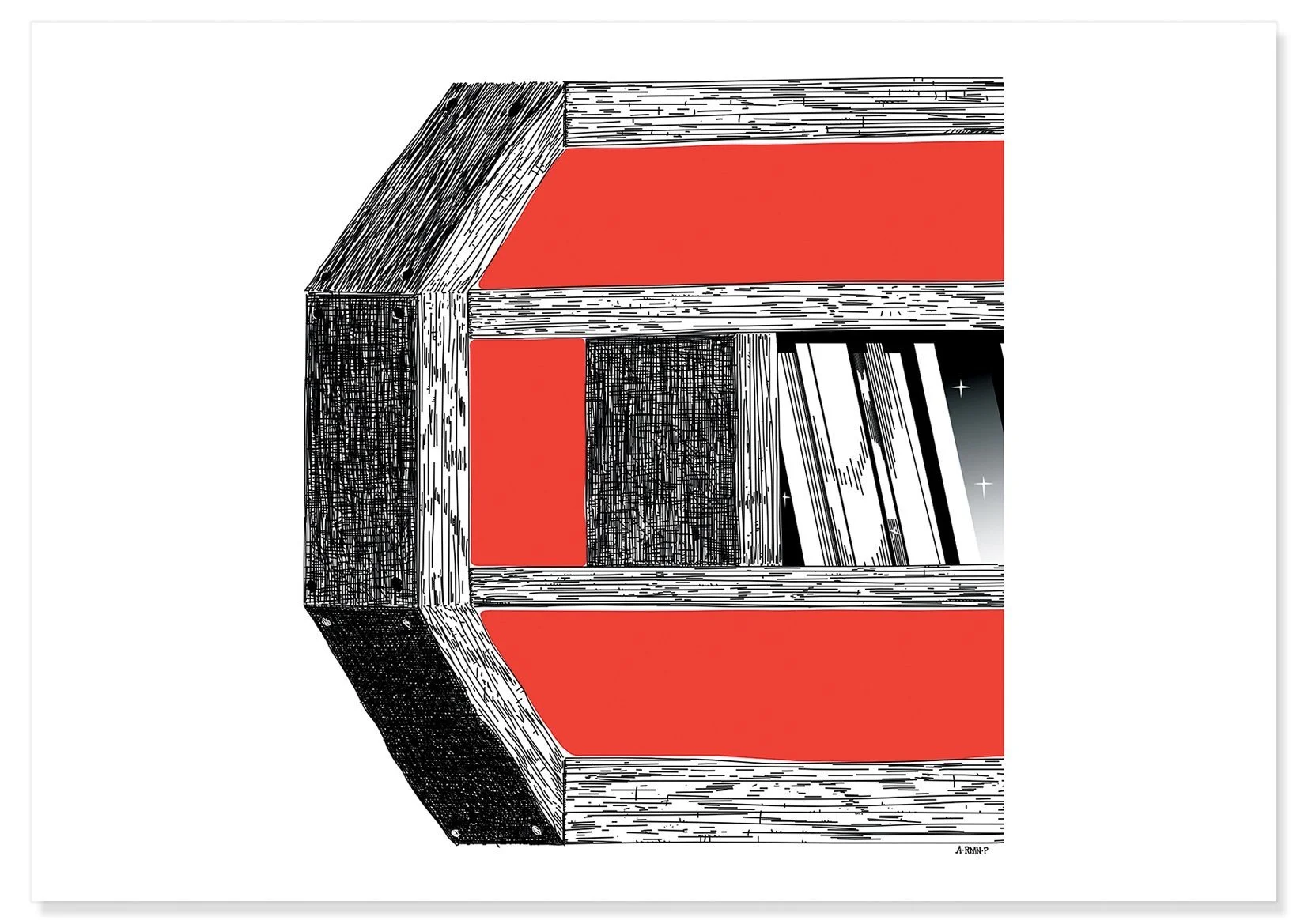 Pen and red ink drawing by ARMNP of a shelf with books.
