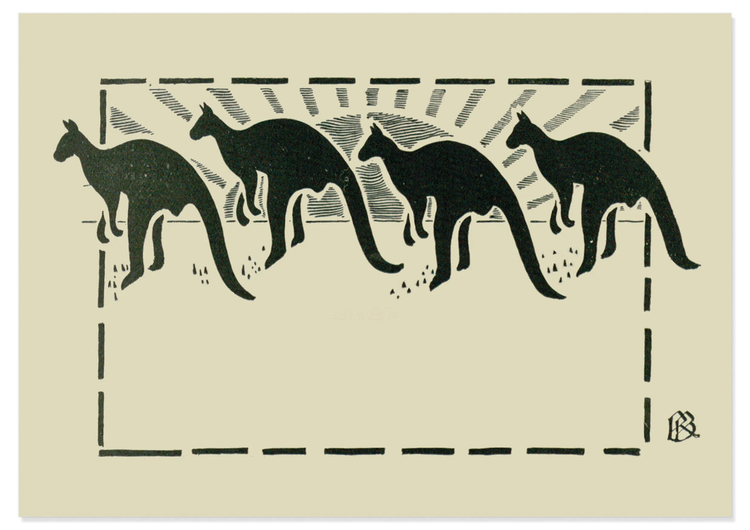 A monochromatic Australian print in black and cream by R. Buringfeaturing four kangaroos in a graphic style with the sun's rays behind.