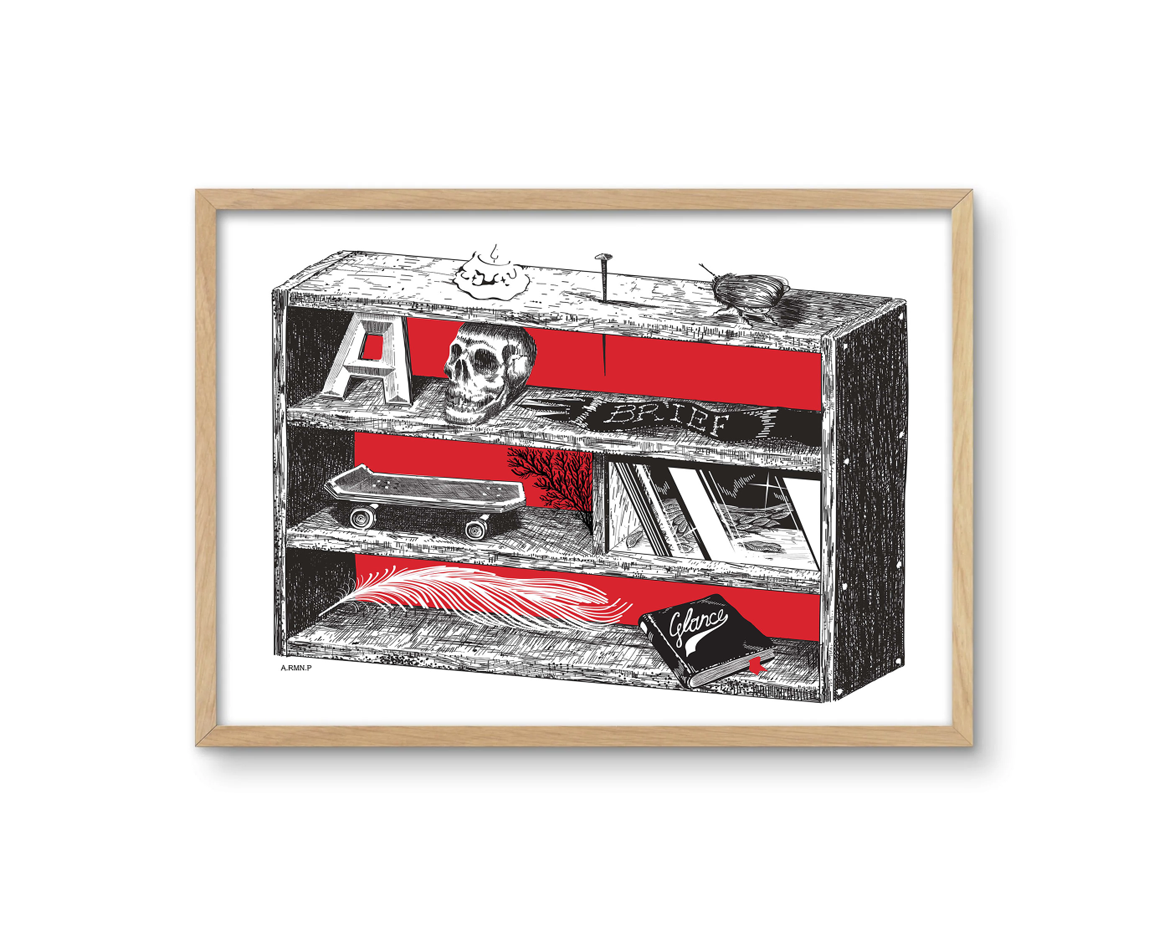 A framed print with a bookcase drawn in pen and ink by ARMNP with shelves lined with objects.