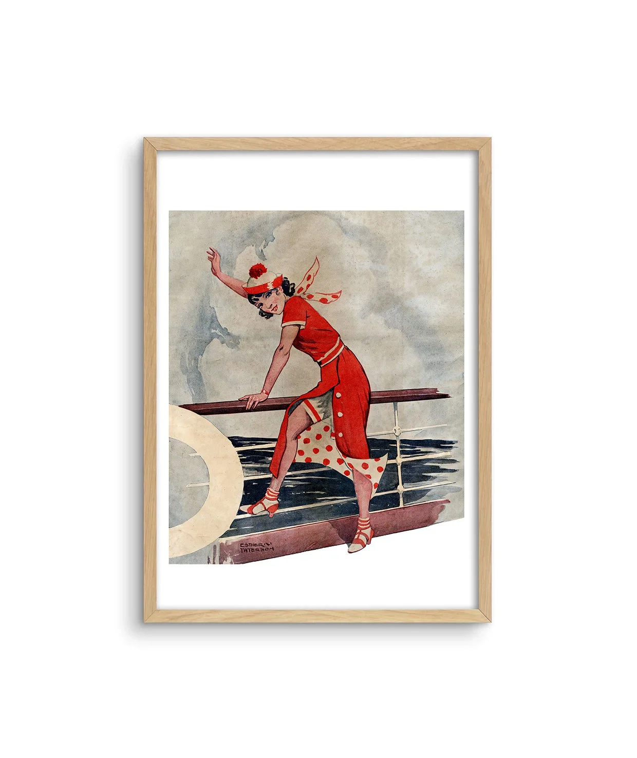 A framed print showing a girl dressed in scarlet aboard a cruise ship in vintage Australian style by Esther Paterson.