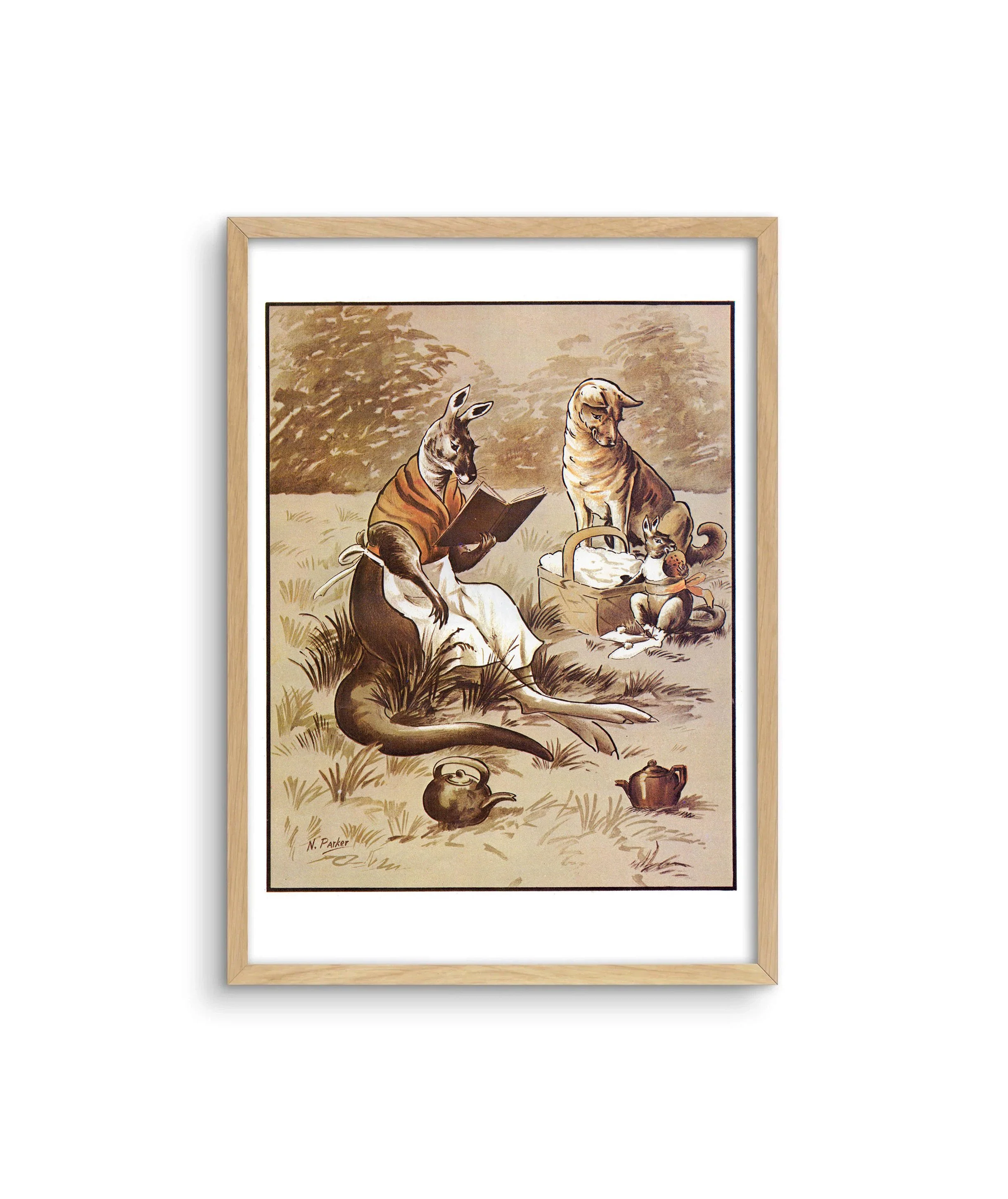 Framed Australiana print with Kangaroos and Dingo having a picnic by Nancy Parker.